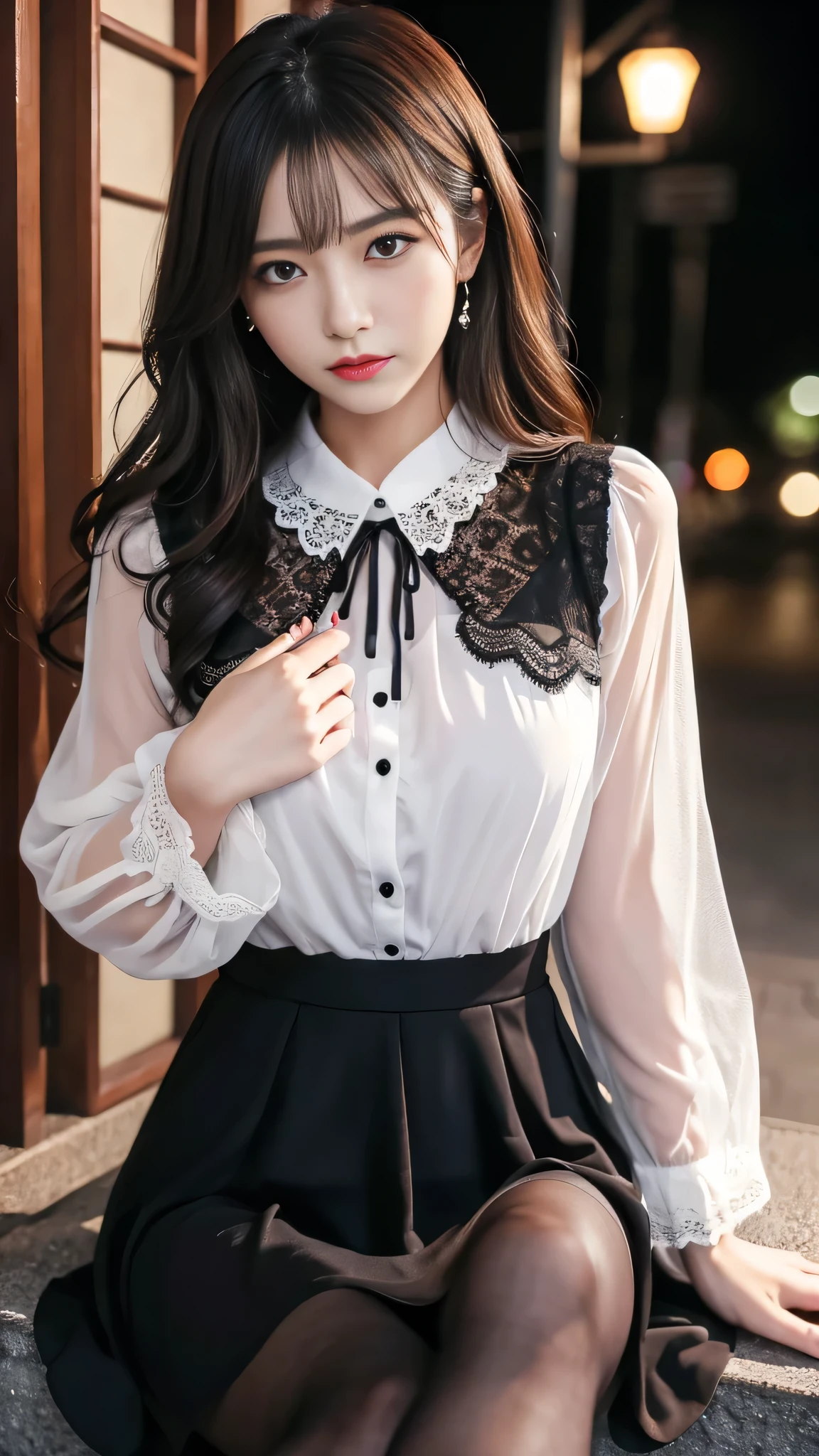 Super detailed、Japanese、charming beauty、seductive adult woman、Dainty woman、sharp eyes、cool girl、wavy hair、suit、Black chiffon、lacy fabric、wide sleeve、wearing a lace insert dress、white blouse、Tight Skirt、skin color pantyhose、Shiny legs、evilの幹部、evil depravity、brainwashing、Mind control、lipstick、grin、邪evilなな表情、evil、empty eyes、邪evilな、Church at night、reach out