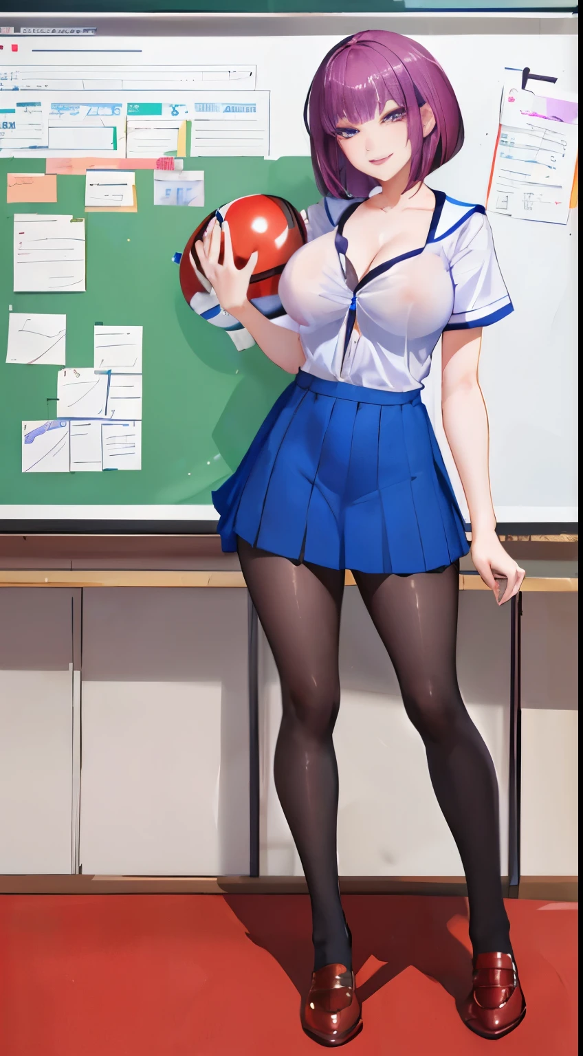 purple eyes, (highest quality, masterpiece painting:1.2), Oboro, woman, 26 years old, (full body shot:1.3), , school uniform, (Happy, smile, Caring look:1.5), purple hair, short hair, layered bob hair, (big br (tight waist:1.1), cleavage, perfectathlete body:1.1), soft skin, anime face, perfect face, (perfect eyes:1.1), purple iris, anime eyes, smoky eyeliner, eye shadow, Asian, looking at the viewer, smart, whiteboard background, classroom, sharp focus, intricate details, professional artwork, (Bright colors:1.1), Bright colors, diffused lighting, digital blending, Super detailed body, ultra detail hair, super detailed face, It's trending on pixiv, top button opened,