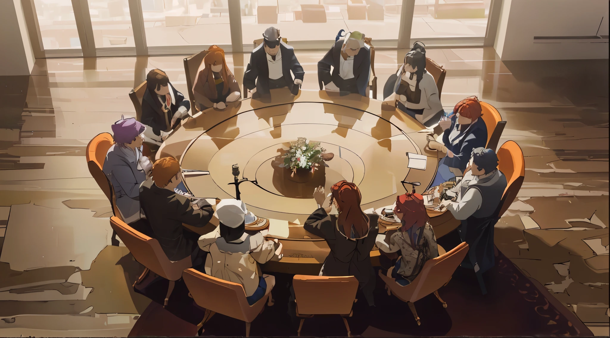 hay doce personas sentadas en una mesa redonda