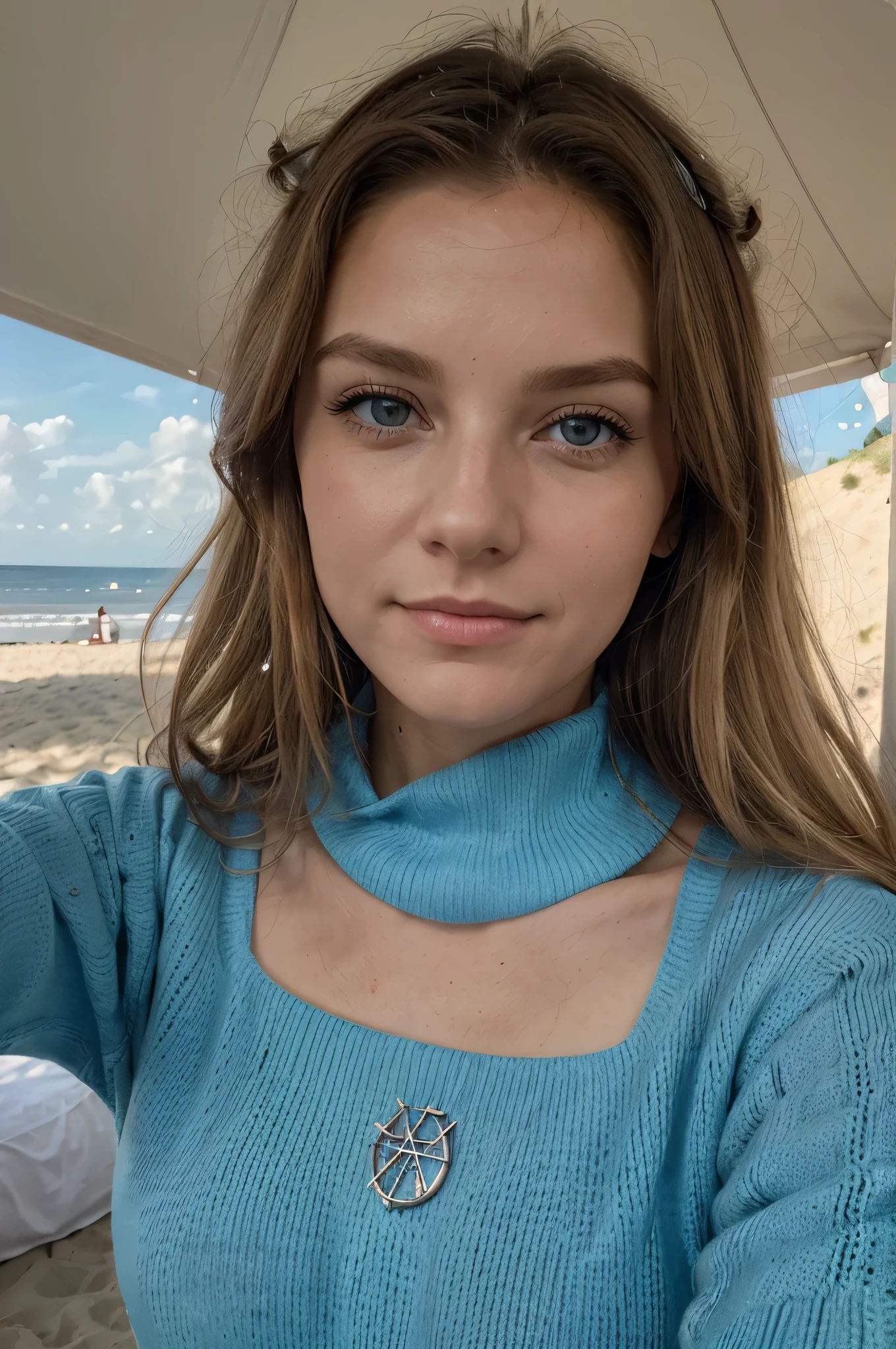 1 Frau, amerikanisch, Nice, blaue Augen, honigfarbenes Haar,((Upper body selfie, Happy)), (((close up of the face))),Dreharbeiten am strand, Nicee Hintergrundbeleuchtung, Sign “in the sun”.,Meisterwerk, best quality, ultradetailliert, Allein, Outdoor areas, (Meer), Sonne, Natur, (Stern, der Mond) heiter, Happy,, Cozy on the beach, When you open the tent, Steinformationen, Rivers, Holz, Rauch, schattig, Kontrast, Blauer Himmel, analoger Stil (schaut zum Betrachter auf:1.2) (Hauttextur) (Filmkorn:1.3), (warmer Farbton, warmer Ton:1.2), Nahaufnahme, Filmisches Licht, Seitenlicht, Die Ultra-Highres, Beste Schatten, ..ROH, upper half of the body, Pullover tragen, Entspannte und intime Fotos, blonde Haare,