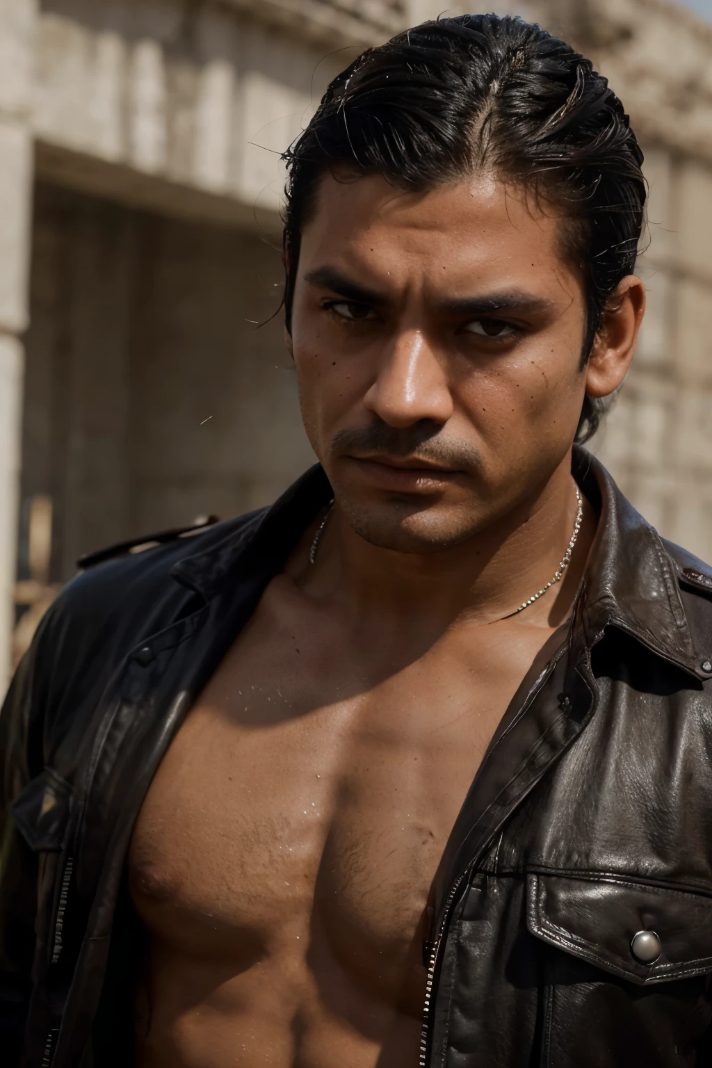 "Describe a Mexican drug lord with a rugged face, chiseled features, and piercing brown eyes. His jet-black hair is slicked back, revealing a faint scar on his left temple, hinting at a tumultuous past."