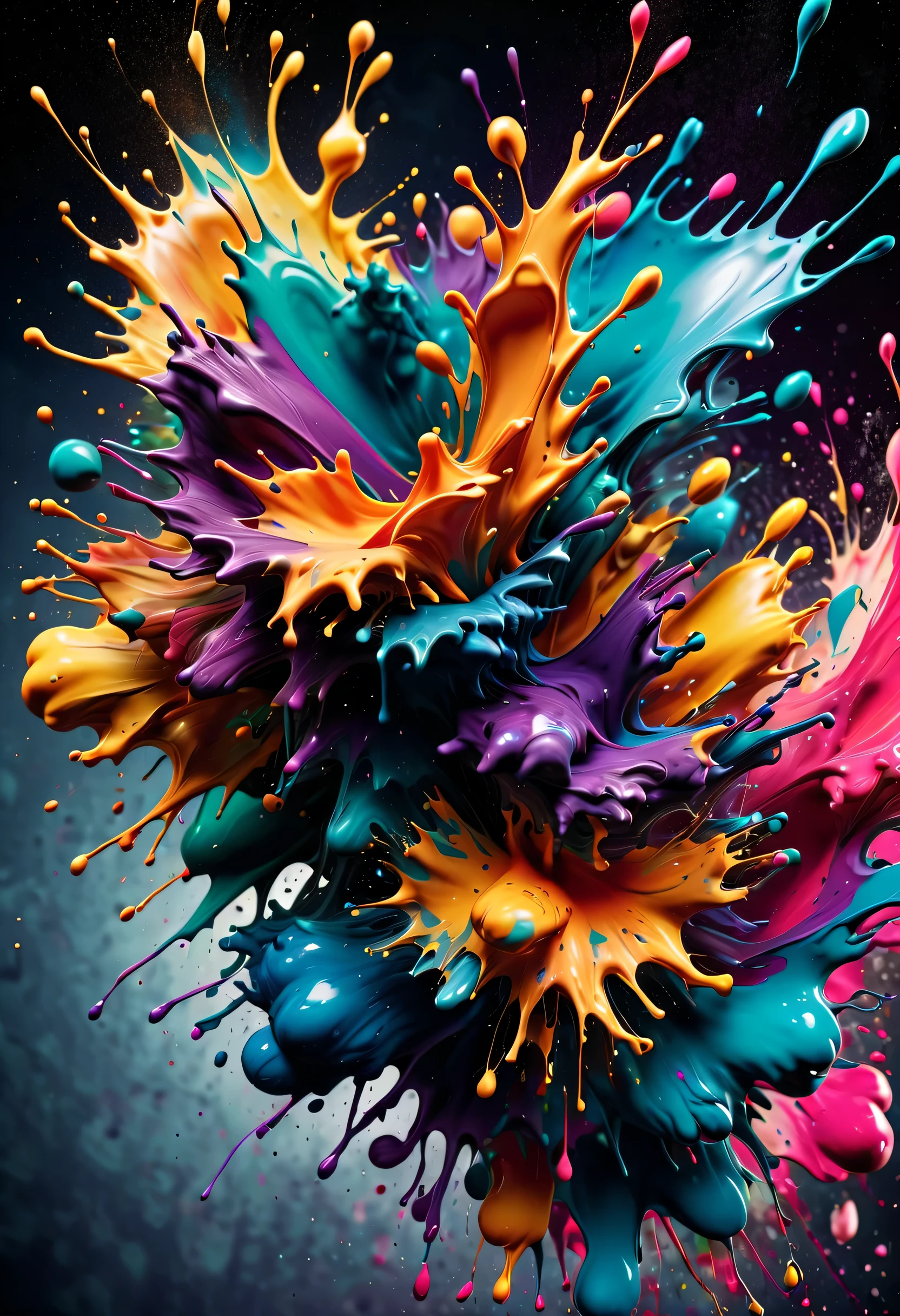 (best picture quality, 8k, high-definition, masterpiece:1.2), ultra-detailed, (lifelike:1.37), creative wallpaper design, extremely aesthetic, explosive art, swirl, abstract art, like a blooming flower, (((ink splash:1.5, art splash))), (((ink splash效果:1.37, sprayed paint:1.37, splash of colorful paint, paint splatter background))) energetic movement, 动态有力的abstract art, rich colors, propylene, vivid rainbow hues, happy and lively atmosphere, bright orange, pink, whimsical and dreamy, spontaneous splashing, bold color contrast, dark background