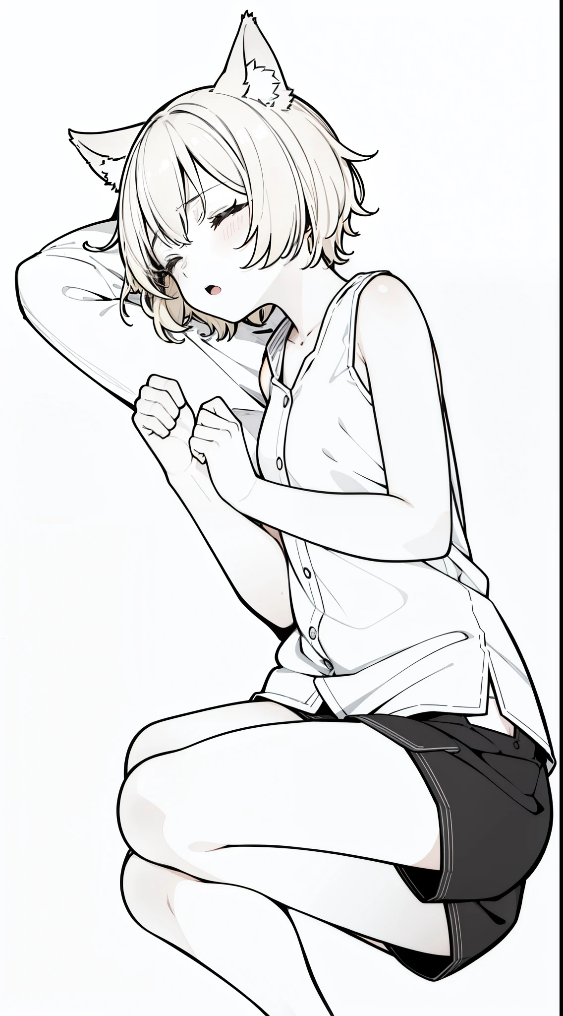(1girl,8 ),solo,sleeping,,blonde hair,short hair,wolf ears,white shirt,sleeveless,black shorts,cowboy shot,(white background,line drawing),open mouth,shushing,lying down,from side