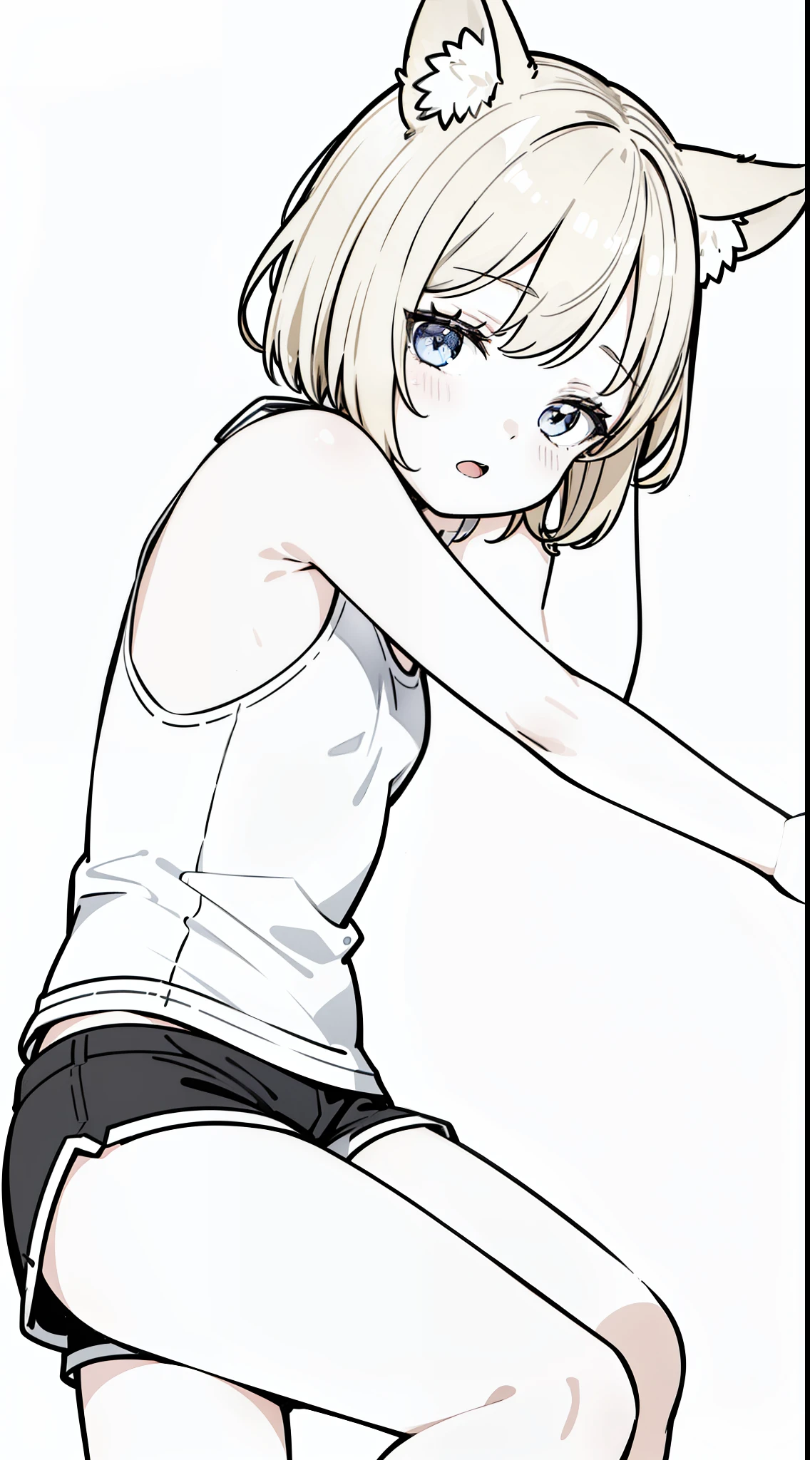 (1girl,8 years old),solo,sleeping,,blonde hair,short hair,wolf ears,white shirt,sleeveless,black shorts,cowboy shot,(white background,line drawing),open mouth,shushing,lying down,from side