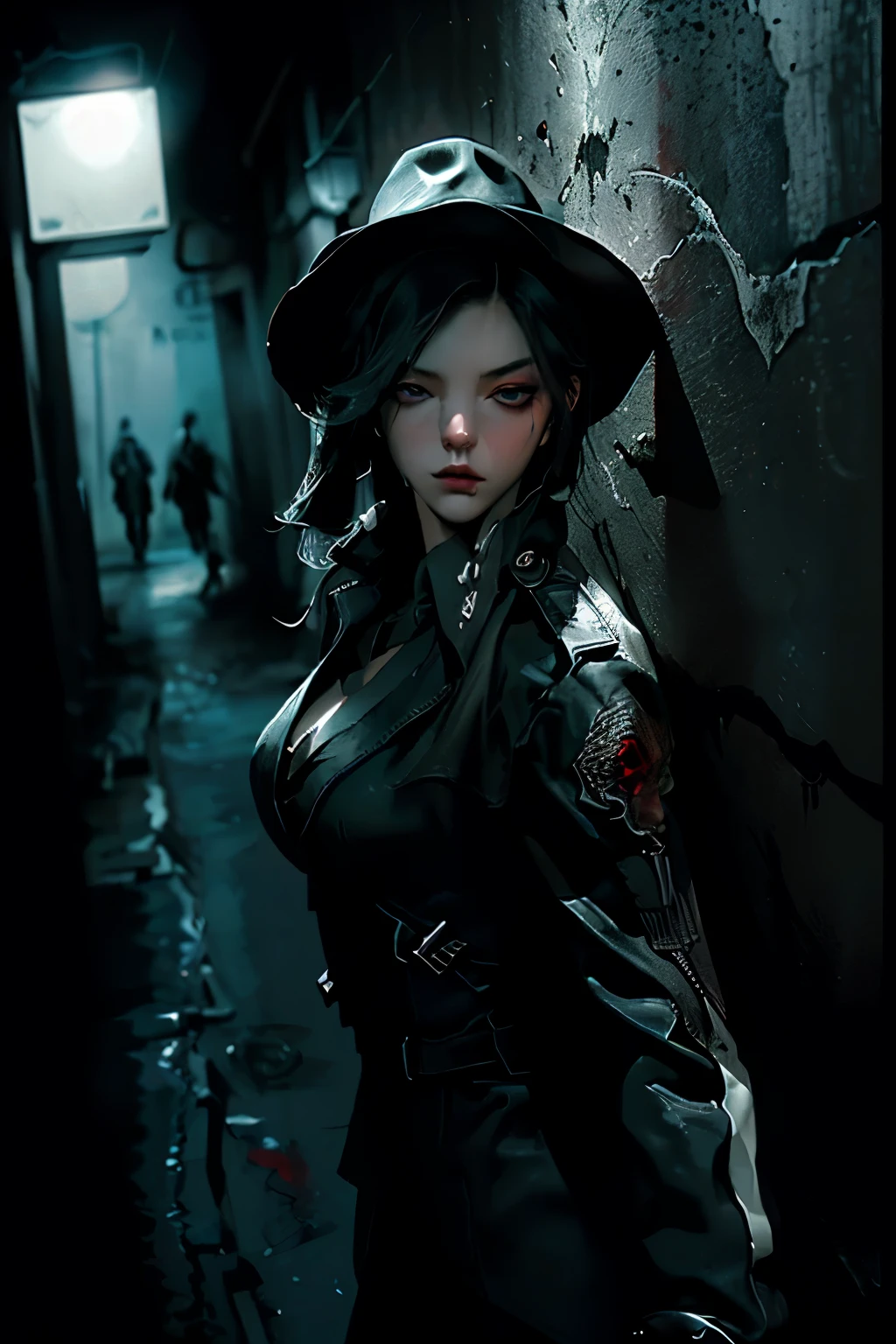 (RAW photo, best quality), (dramatic, film noir:1.2), best quality, highly detailed, masterpiece, ultra-detailed, illustrated, 1 assassin, full body, mysterious angle, suspenseful thriller, shadowy alleyway, rainy night scene, low key lighting, detailed facial features, intense gaze, trench coat and fedora, carrying a hidden weapon, blood splatter on the wall behind, edgy and gritty, high contrast, black and white color palette, cinematic, stylish and sleek.
(1assassin:1.2), solo, assassin outfit, film noir, high definition illustration in 4