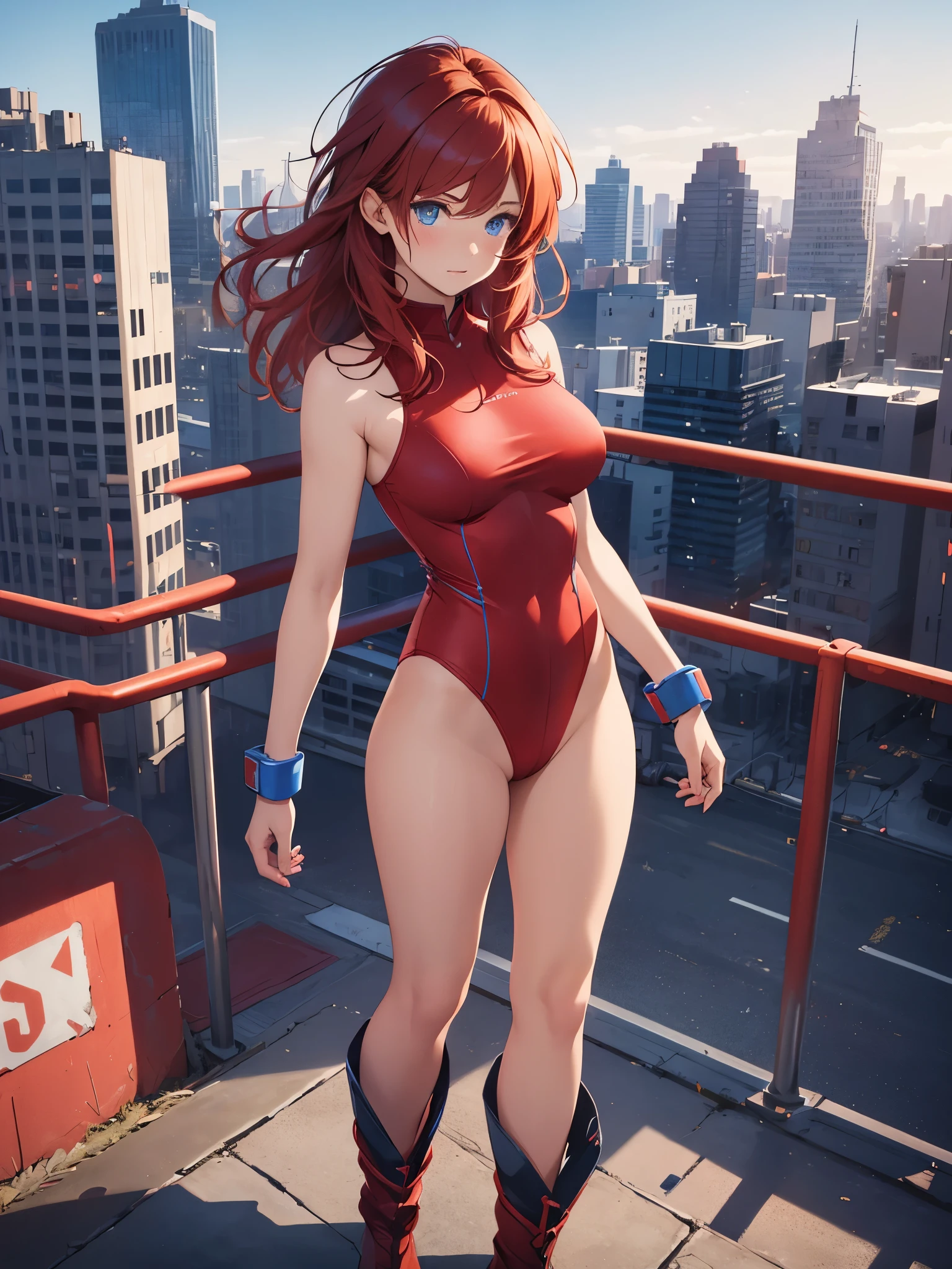 1girl, medium breasts, leotard, red leotard with blue accents, bare legs, boots, matching boots, bracelets, city backdrop, solo, single, standing, full body shot, cowboy shot, beautiful detailed eyes, blue eyes, mature lady, red hair, medium hair 