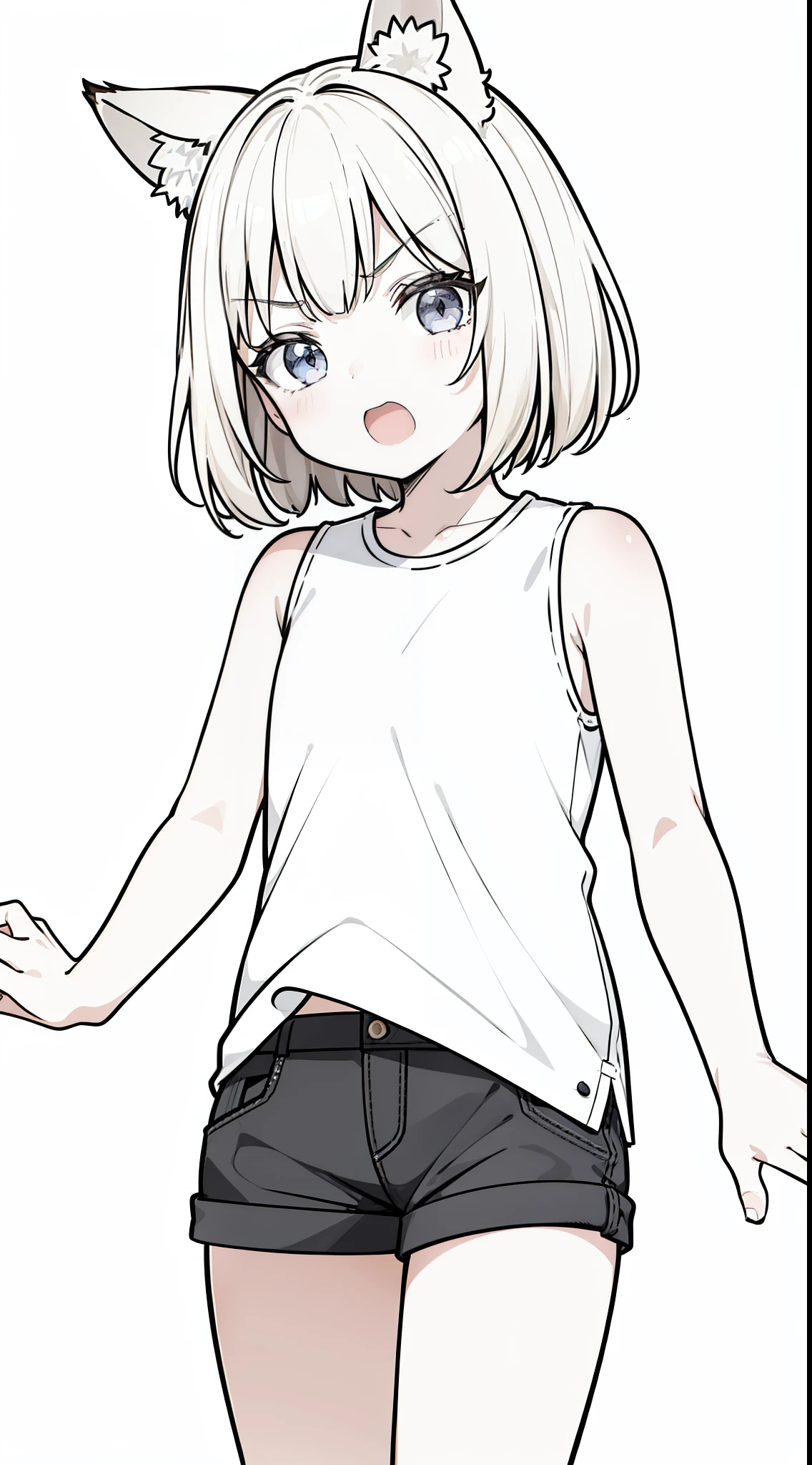 (1girl,8 years old),solo,blonde hair,short hair,wolf ears,white shirt,sleeveless,black shorts,cowboy shot,(white background,line drawing),open mouth,angry,open mouth