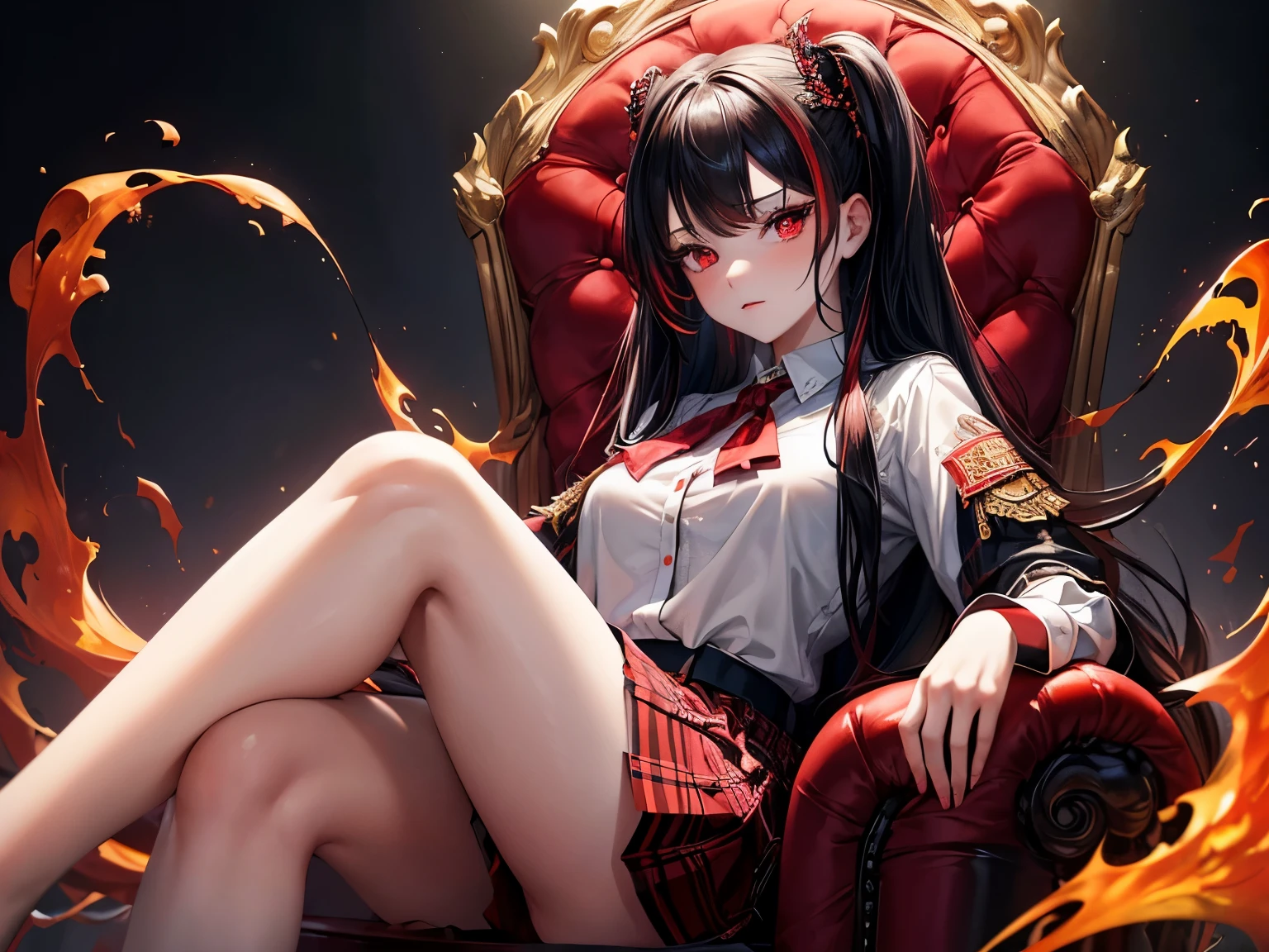 NSFW((Masterpiece)), (((Best Quality))), ((Extremely detailed)), ([(A highly detailed photo of a girl sitting on a throne made of bones in a fiery infernal background.)]), ((A gorgeous and extremely detailed image of a girl with long black hair that has red tips, red eyes, and wearing a school uniform with a black and white plaid skirt and a white blouse.)])

The girl's long black hair with vibrant red tips shone under the fiery infernal background. Her fiery red eyes gazed intently at the viewer, and her uniform, consisting of a white blouse with a collar and a black and white plaid skirt, added to her enchanting