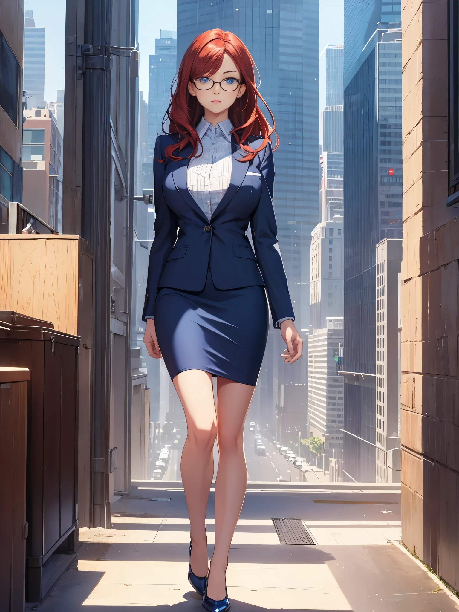 1girl, medium breasts, bare legs, shoes, shoes, city backdrop, solo, single, standing, full body shot, cowboy shot, beautiful detailed eyes, blue eyes, mature lady, glasses, office lady, blue suit, blue pencil skirt, miniskirt, red hair, medium hair