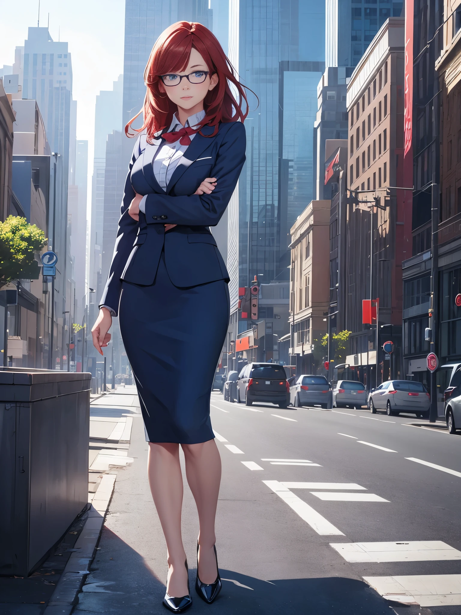 1girl, medium breasts, bare legs, shoes, shoes, city backdrop, solo, single, standing, full body shot, cowboy shot, beautiful detailed eyes, blue eyes, mature lady, glasses, office lady, blue suit, blue pencil skirt, miniskirt, red hair, medium hair