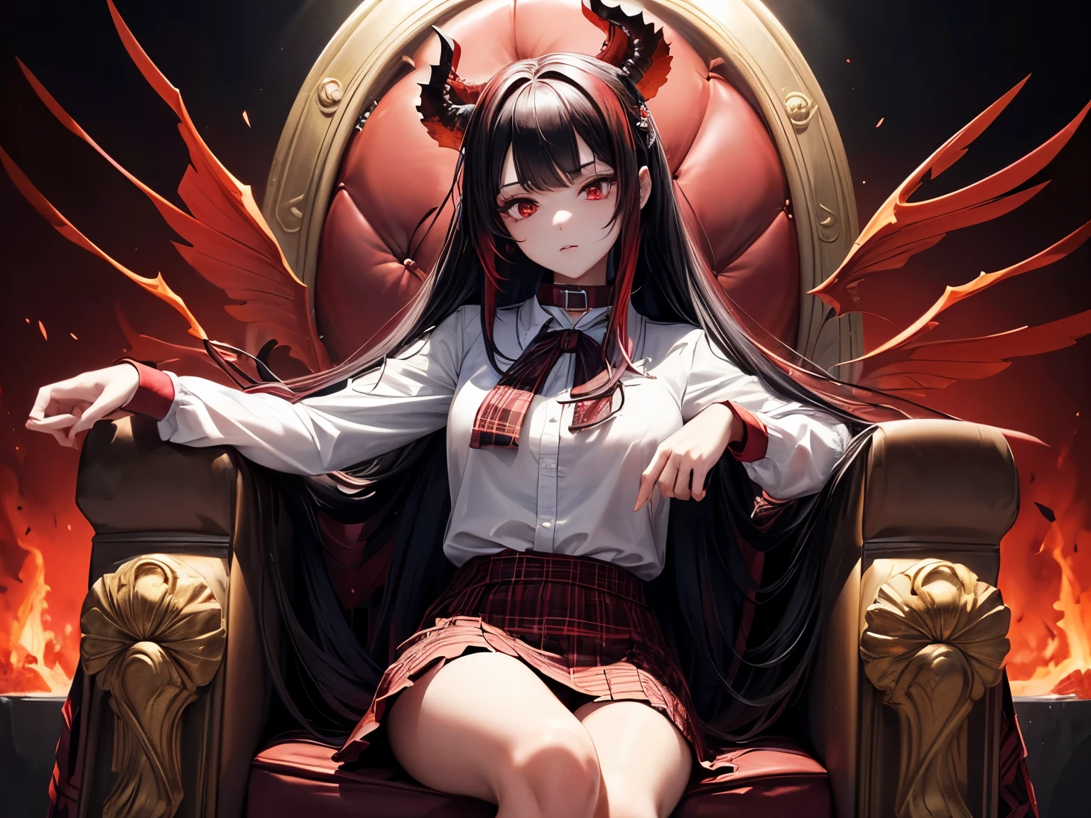 NSFW((Masterpiece)), (((Best Quality))), ((Extremely detailed)), ([(A highly detailed photo of a girl sitting on a throne made of bones in a fiery infernal background.)]), ((A gorgeous and extremely detailed image of a girl with long black hair that has red tips, red eyes, and wearing a school uniform with a black and white plaid skirt and a white blouse.)])

The girl's long black hair with vibrant red tips shone under the fiery infernal background. Her fiery red eyes gazed intently at the viewer, and her uniform, consisting of a white blouse with a collar and a black and white plaid skirt, added to her enchanting