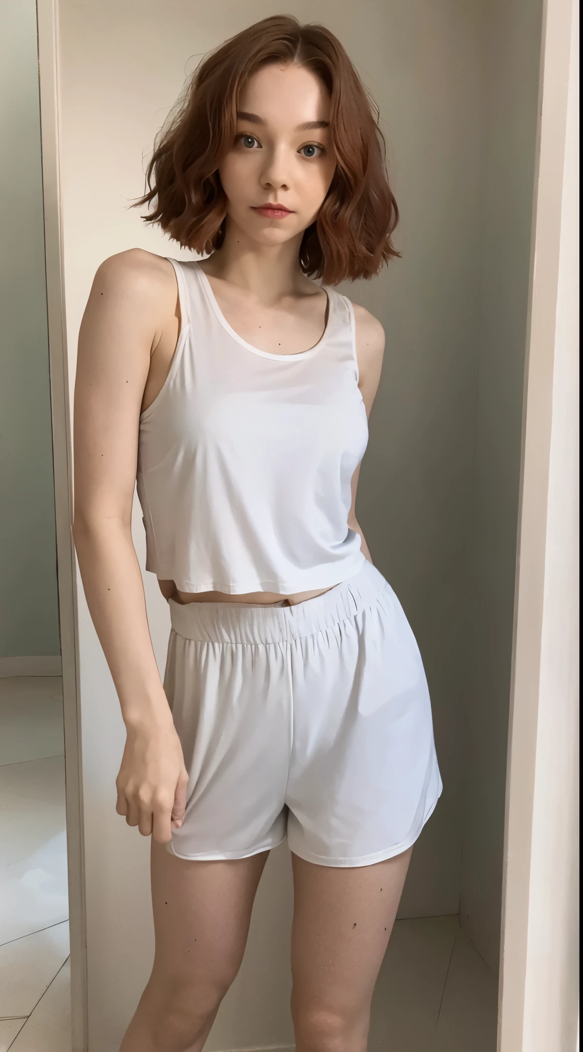 Emma Myers, lighter red short wavy hair, white basic tank top, white basic short pants, look in the mirror perspective, clean body, stand, full body portrait, (best quality), (masterpiece), (highly detailed), (4k)