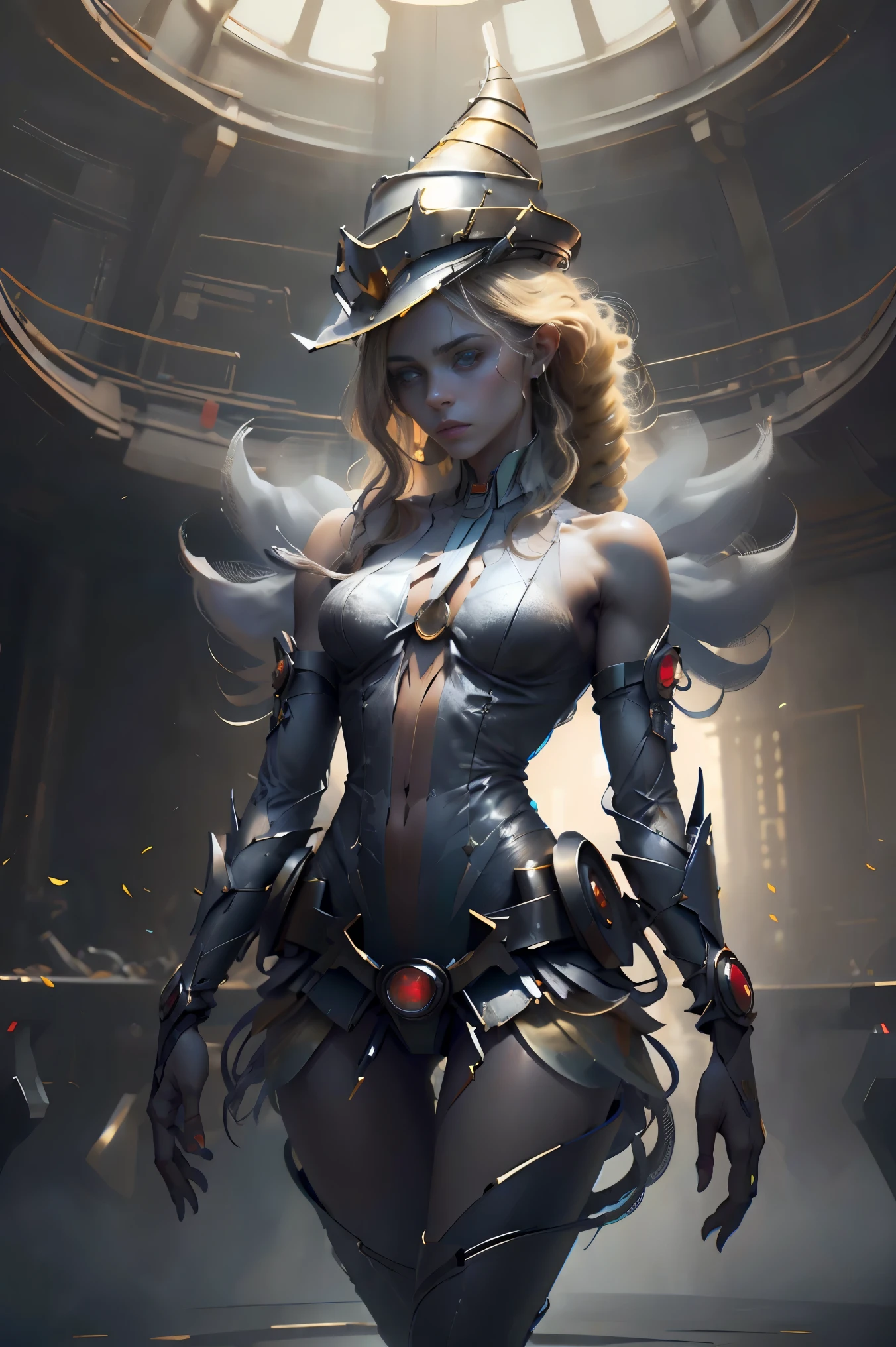(8k,fotorrealista Raw photography highest qualityr;1.4) (1chica en) super beauty (cara realista) cuerpo femenino (Rubia de rizos largos) Hold a black and red magic wand Escena de combate Magic hat with black and gold exterior Beautiful expression Deslumbramiento (Piel de aspecto real) (Giles magos oscuros) Tentador Super high resolution Un hiperrealista Alto detalle foto de cuerpo completo restos