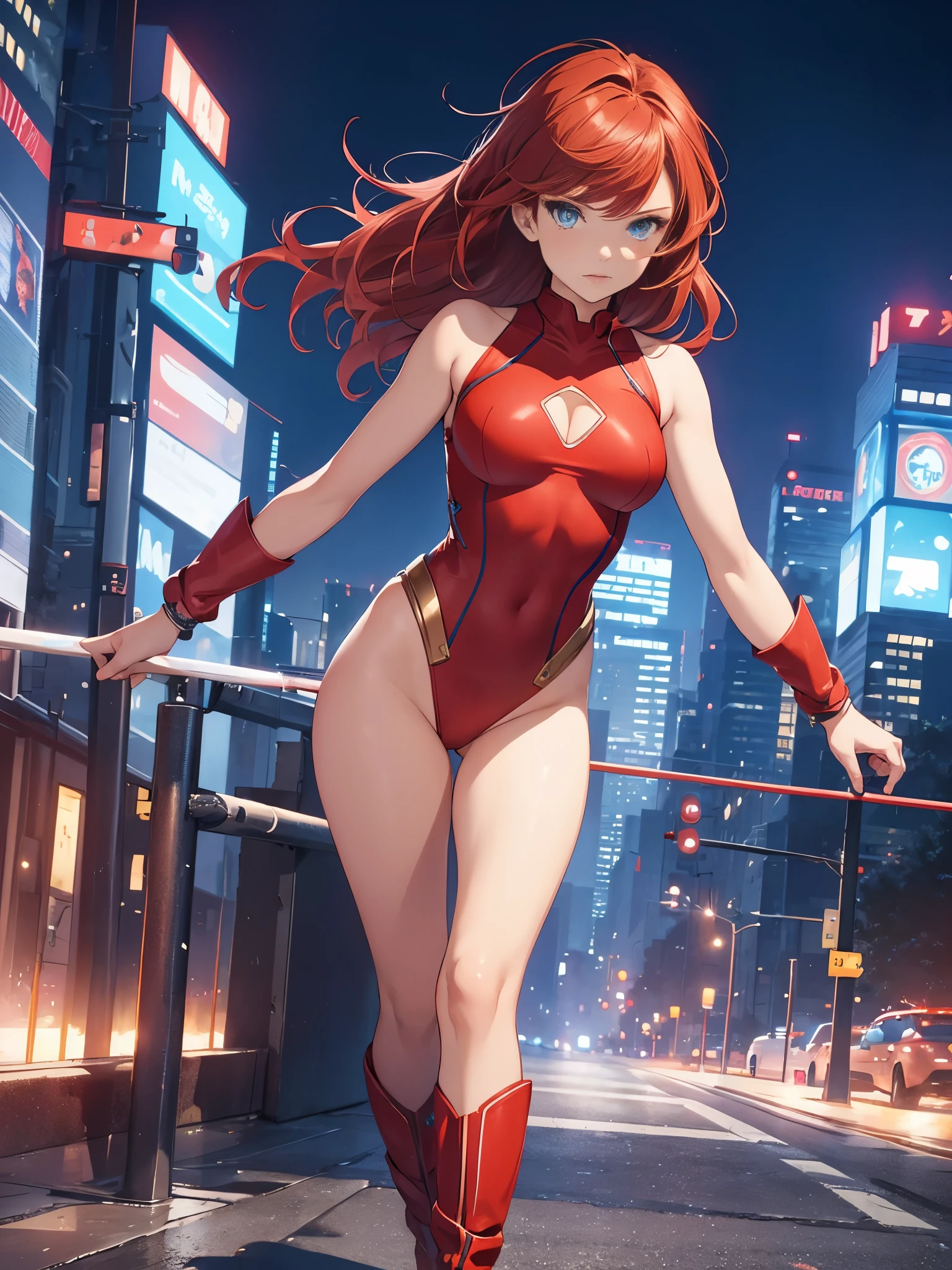 1girl, medium breasts, leotard, red leotard with blue accents, bare legs, boots, matching boots, bracelets, city backdrop, solo, single, standing, full body shot, cowboy shot, beautiful detailed eyes, blue eyes, mature lady, red hair, medium hair, superhero 