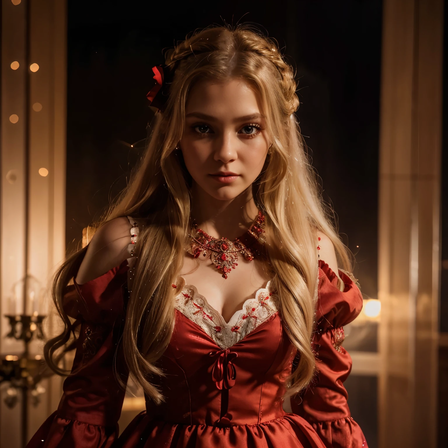 light particles, soft lighting, volumetric lighting, intricate details, finely detailed,
1girl, solo,
blonde hair, long hair, high ponytail,
red eyes, long eyelashes, thick eyelashes,
red dress, ornate dress, backless dress, puffy sleeves, juliet sleeves, (long sleeves:1.2), red bow,
black background, simple background,