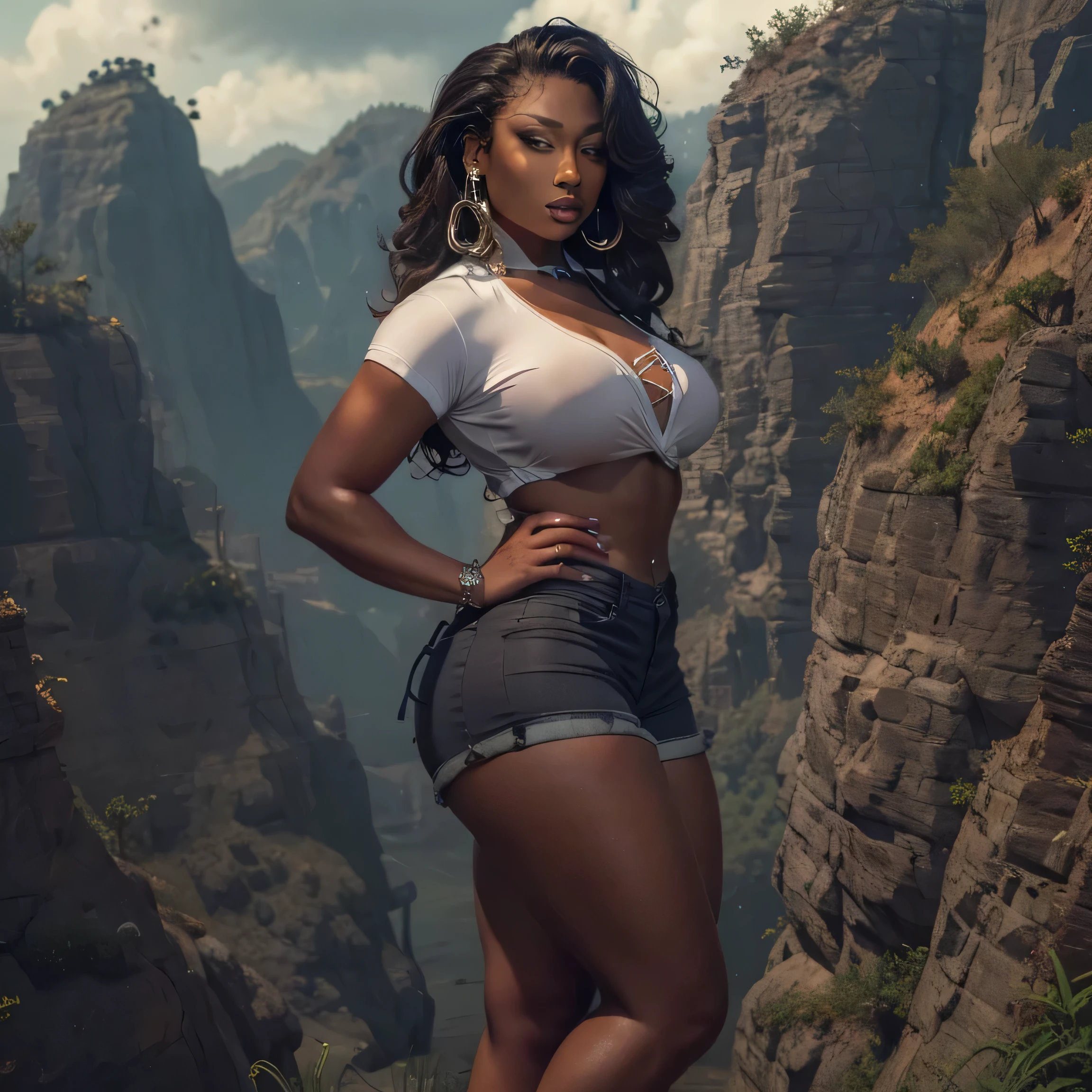 dark skin woman, (((dark skin))), megan, megantheestallion, (thick thighs:1), (huge breasts:0.6), (huge ass:0.7), hanging breasts, delicate shirt, mini shorts, high heels, detailed scenery, 4k, high detail, 