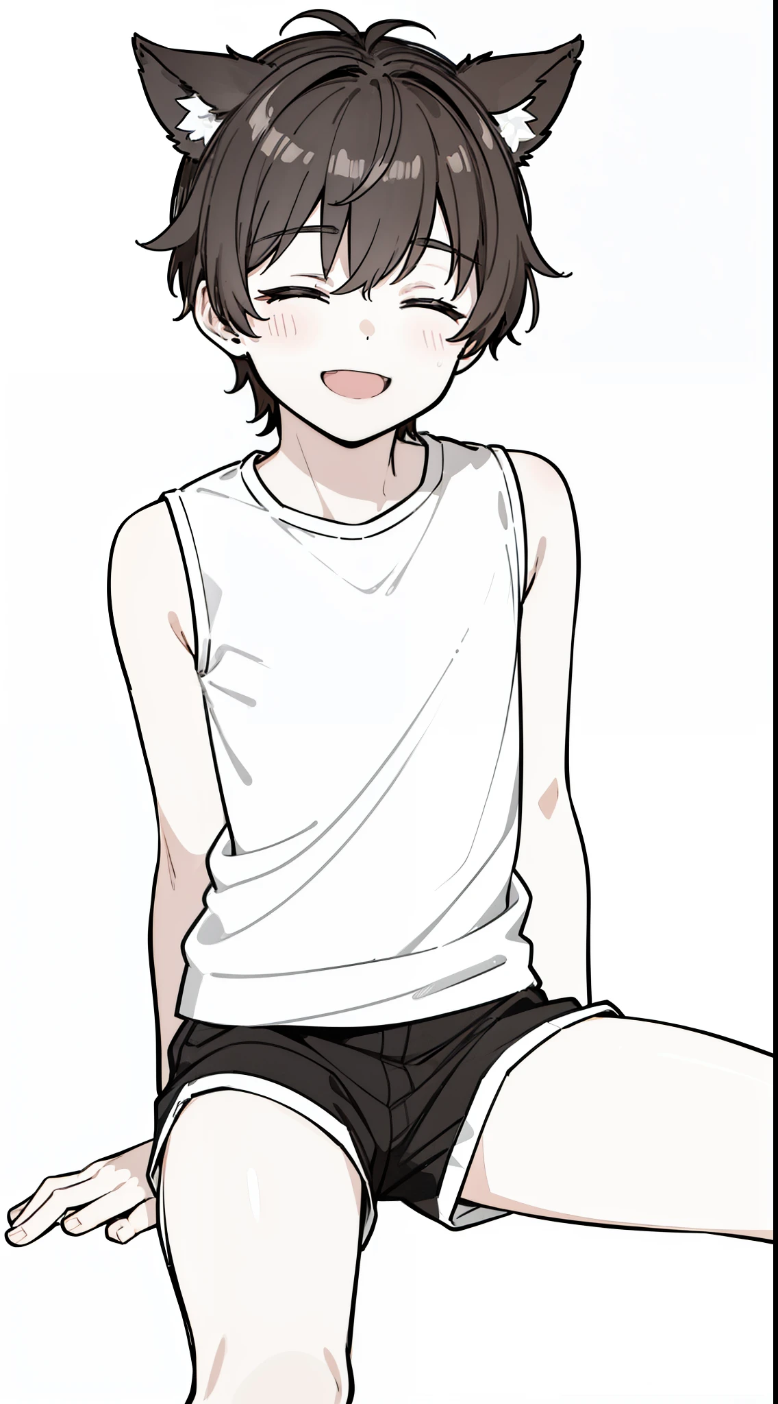 ((1boy,)),solo,brown hair,short hair,wolf ears,white shirt,sleeveless,black shorts,cowboy shot,(white background,line drawing),smile,((closed eyes)), sitting,open mouth