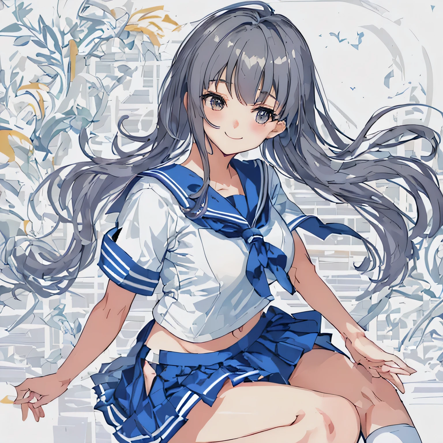 white background,masterpiece, highest quality,figure,sailor suit,slanted eyes,straight hair,blue hair,side part,super dense skin,beautiful and fine eyes,short sleeve shirt,light brown eyes,(medium breasts:1.1), (A raised and well-defined bust:1.1), (lifted chest:1.2), (perky chest :1.1),high school girl,please sit down,high socks,loafers,smile
