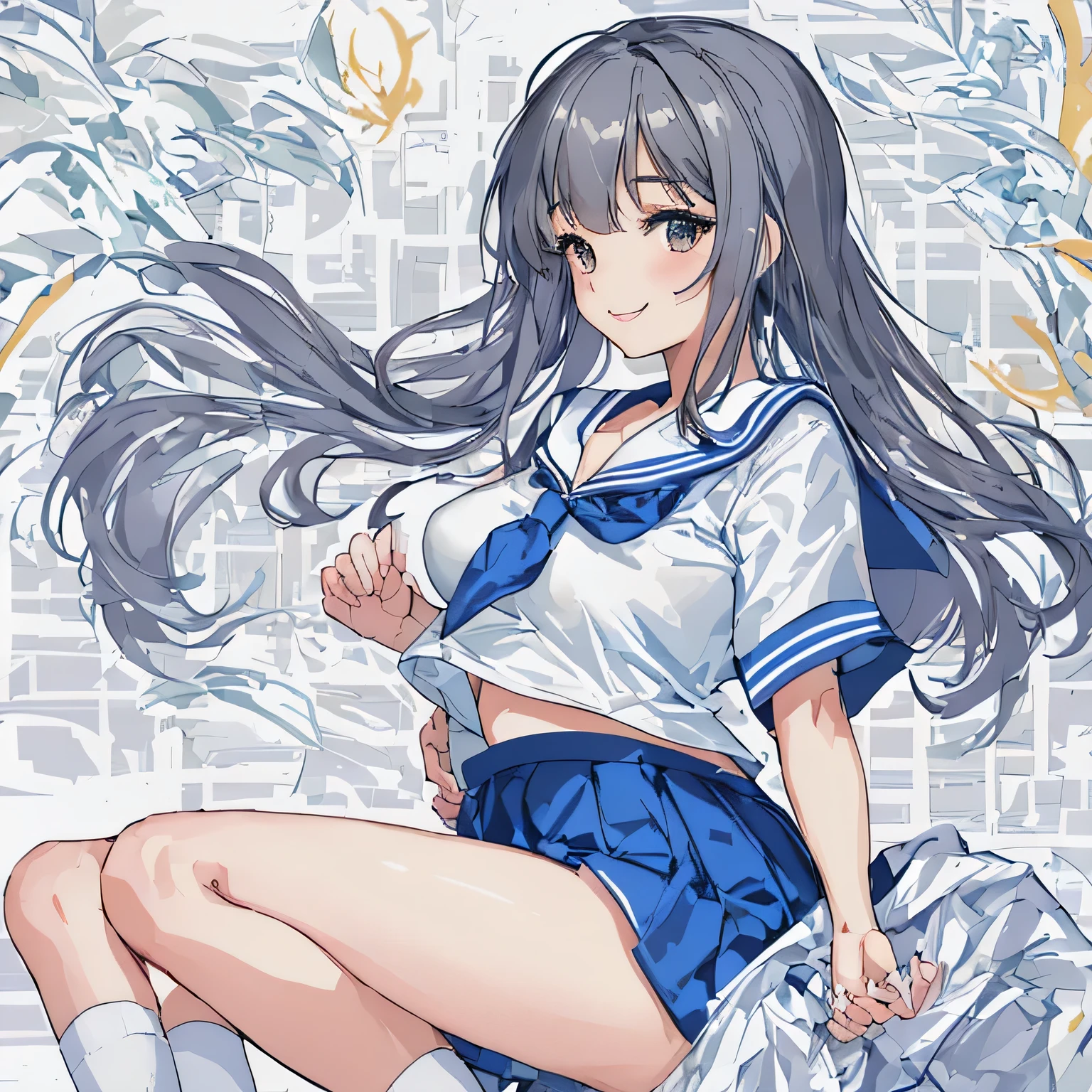 white background,masterpiece, highest quality,figure,sailor suit,slanted eyes,straight hair,blue hair,side part,super dense skin,beautiful and fine eyes,short sleeve shirt,light brown eyes,(medium breasts:1.1), (A raised and well-defined bust:1.1), (lifted chest:1.2), (perky chest :1.1),high school girl,please sit down,high socks,loafers,smile