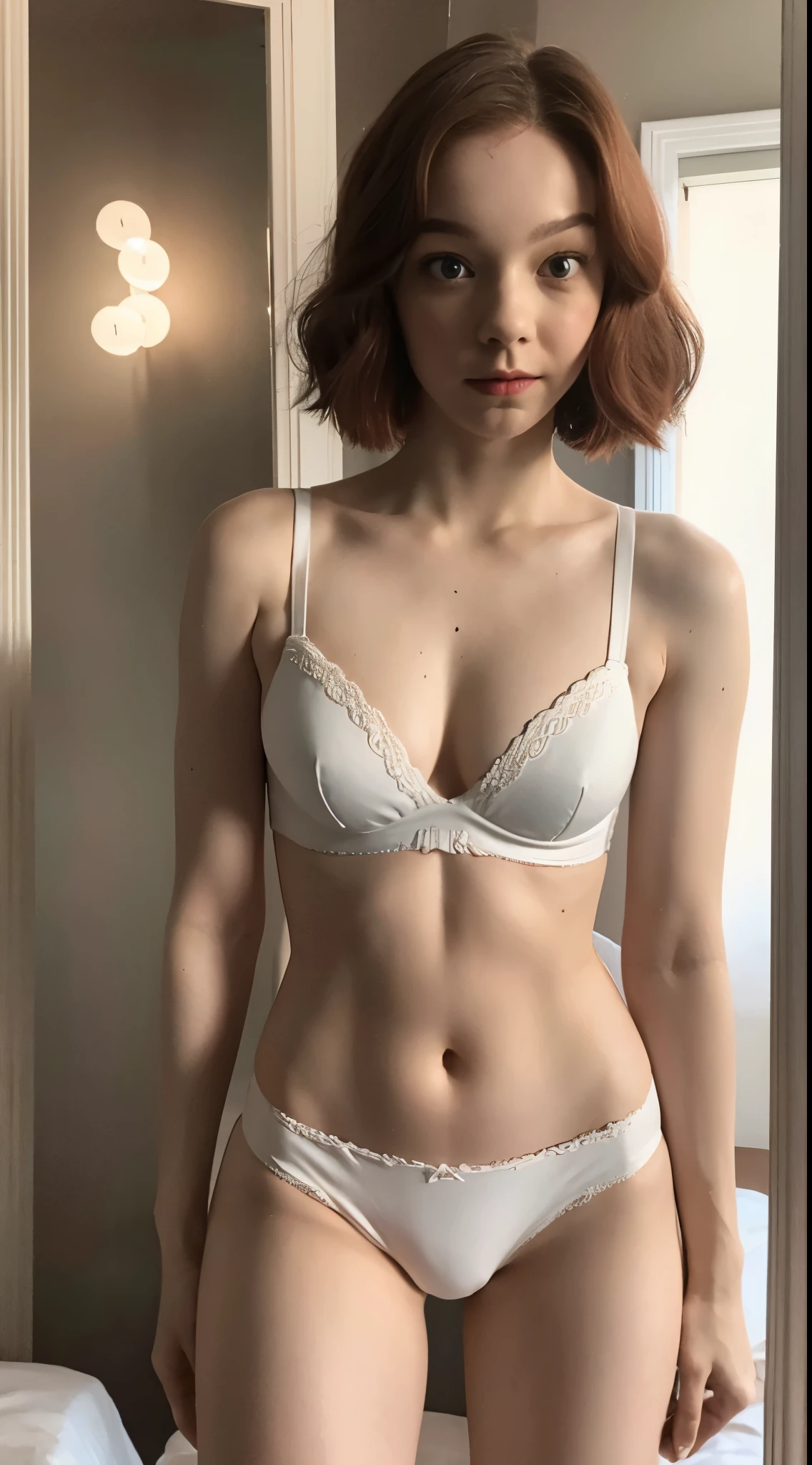 Emma Myers, lighter red short wavy hair, white padded bra, white basic panties, look in the mirror perspective, clean body, stand, full body portrait, (best quality), (masterpiece), (highly detailed), (4k)