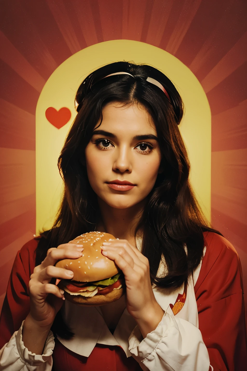 retro art, Jesus with burger heart, lellering "it's monday, peace", face: dona Antonia ferreira