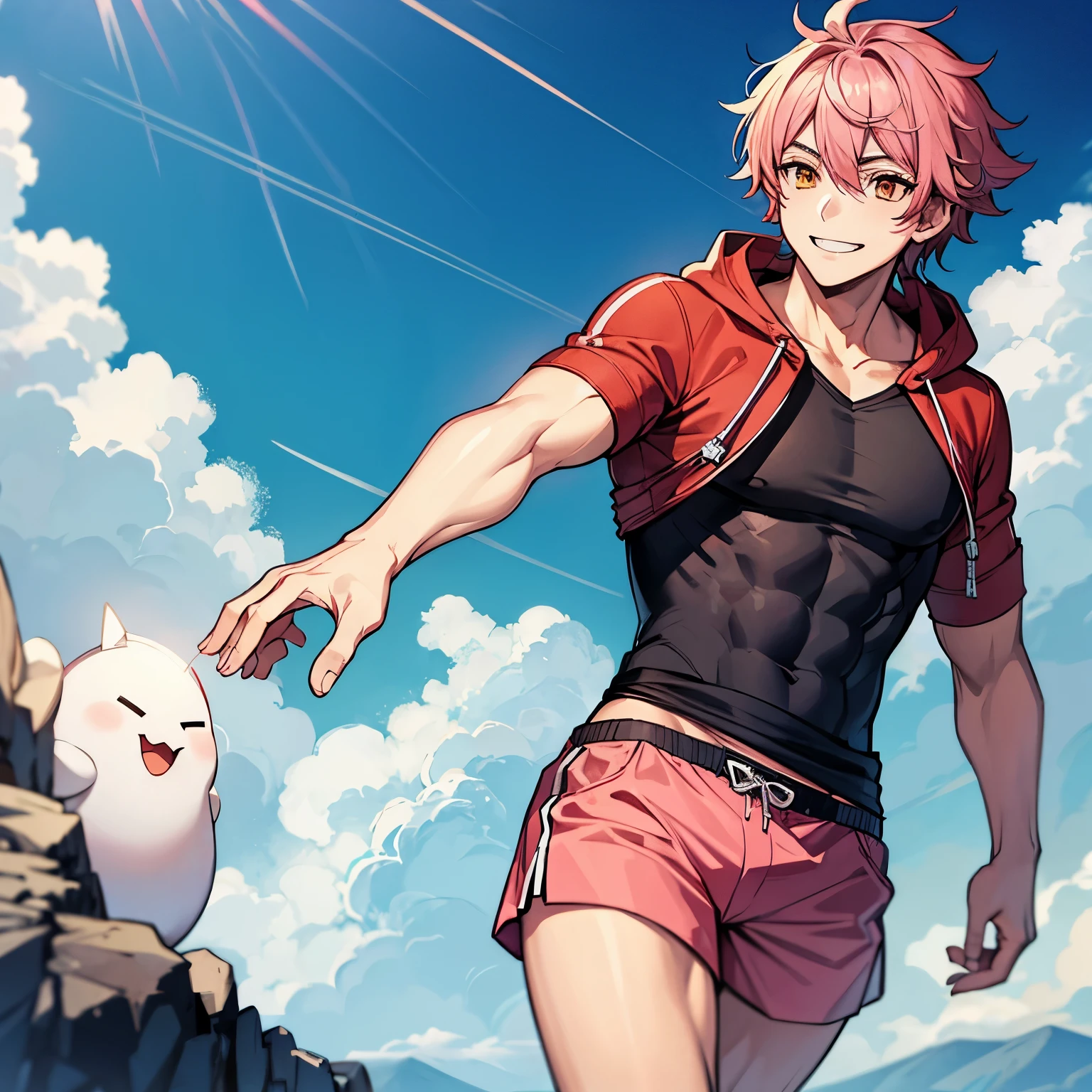 (masterpiece), 1boy, solo, best quality, expressive eyes, perfect face, short hair, messy hair, pink hair BREAK orange eyes BREAK (young man, muscle growth, sporty man), smile, red sport hood BREAK pink shorts BREAK white sneackers BREAK high mountain, clouds, mist, standing