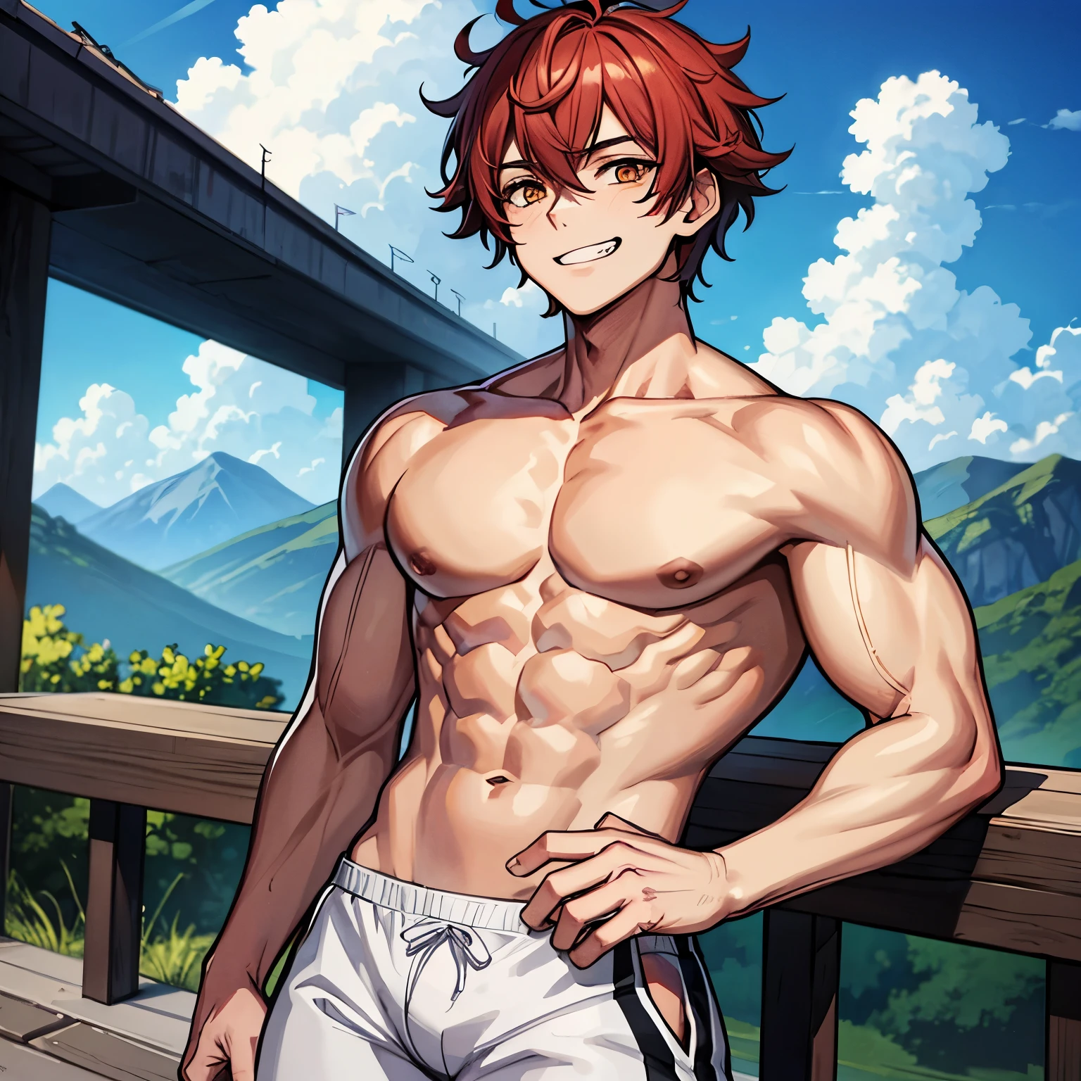 (masterpiece), 1boy, solo, best quality, expressive eyes, perfect face, short hair, messy hair, pink hair BREAK orange eyes BREAK (young man, muscle growth, sporty man), smile, grin, red sportwear BREAK white sneackers BREAK high mountain, clouds, mist, standing