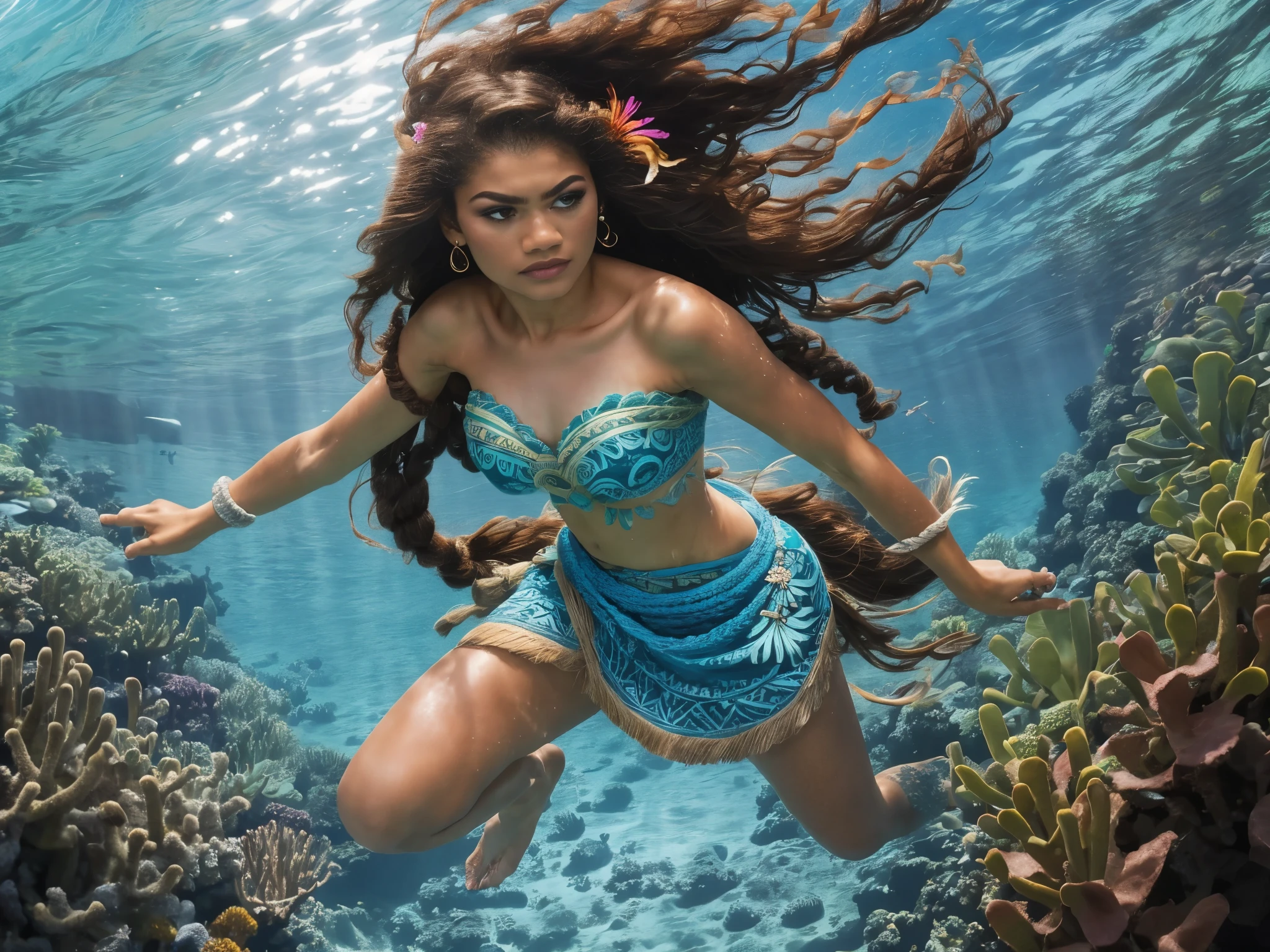 Zendaya portrayed as Moana, blue hawaiian crochet dress, long curvy hair, swimming at the bottom of the ocean, natural light, phothotorealistic scene, day time, dramatic, cinematic, 4k resolution, hyperdetailed, overcast, front view, full body, desert island beach