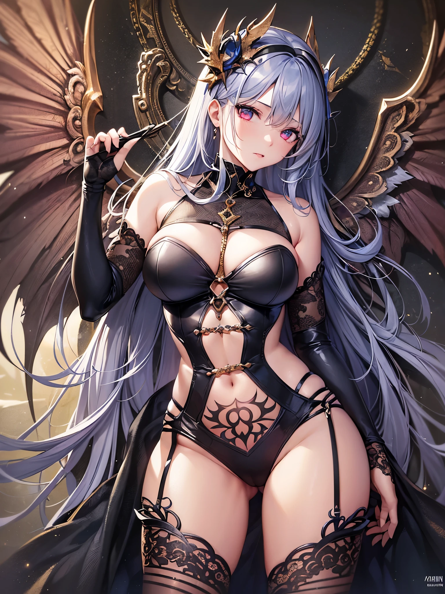 ((highest quality)),(ultra high resolution),(Super detailed),(detailed description),((best CG)),(best work of art),super precision art,great drawing art,(Fantasy art with precise details:1.5), (one female fallen angel:1.8),(beautiful and well-shaped face:1.5),(Intricate and detailed bondage:1.5),anger:1.6,Nasty tattoos:1.6 Hellfire:1.8,a devastated world:1.7,