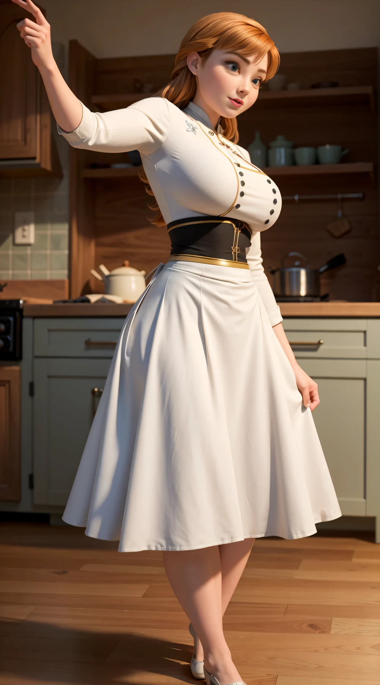 Photo of Anna of Arendelle, happy,  cameltoe, huge breasts, bursting huge breasts, wide hips, busty, tall, kitchen clothes, kitchen shorts, chef clothes, white clothes, from below, legs slightly departed