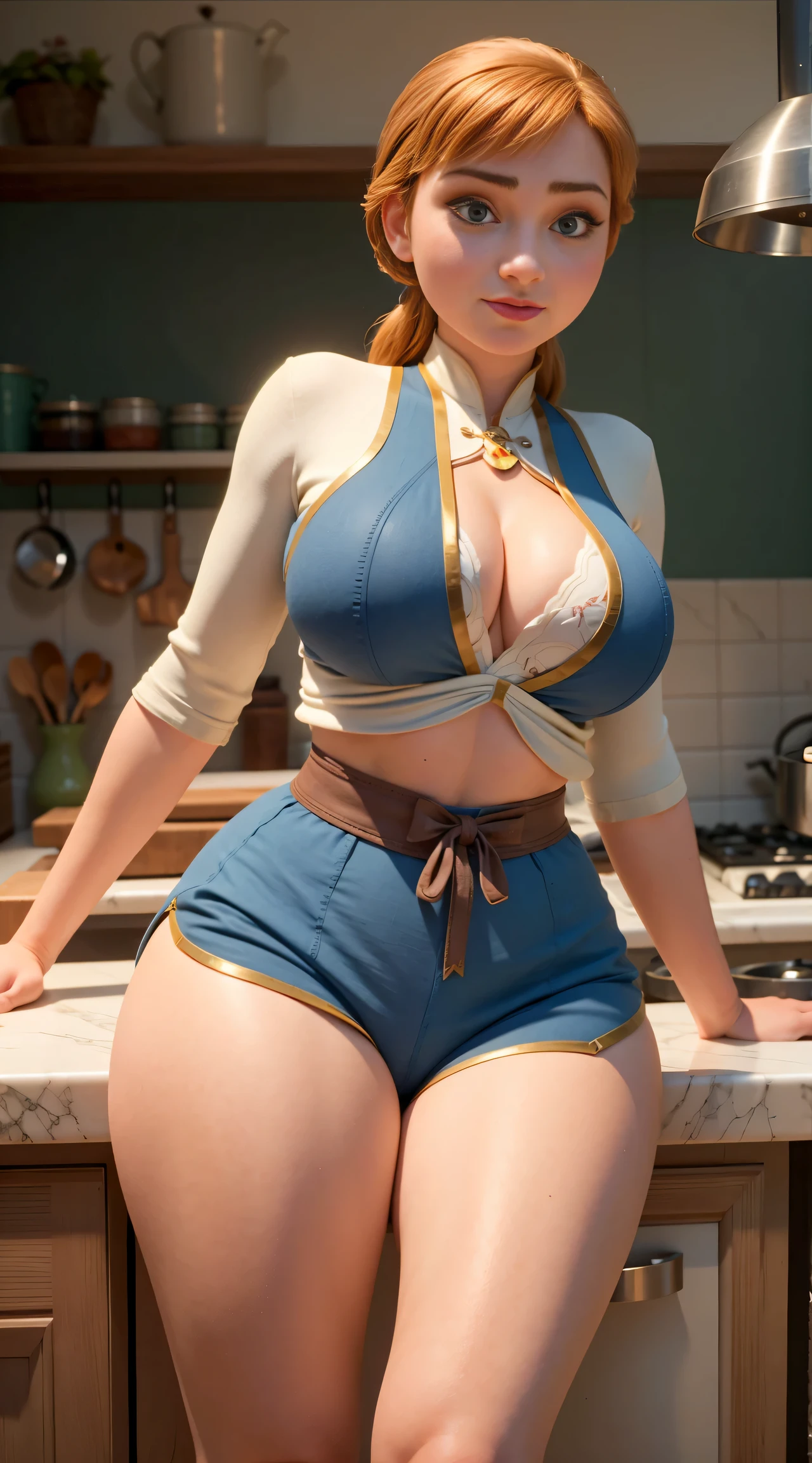 Photo of Anna of Arendelle, happy,  cameltoe, huge breasts, bursting huge breasts, wide hips, busty, tall, kitchen clothes, kitchen shorts, chef clothes, white clothes, from below, legs slightly departed