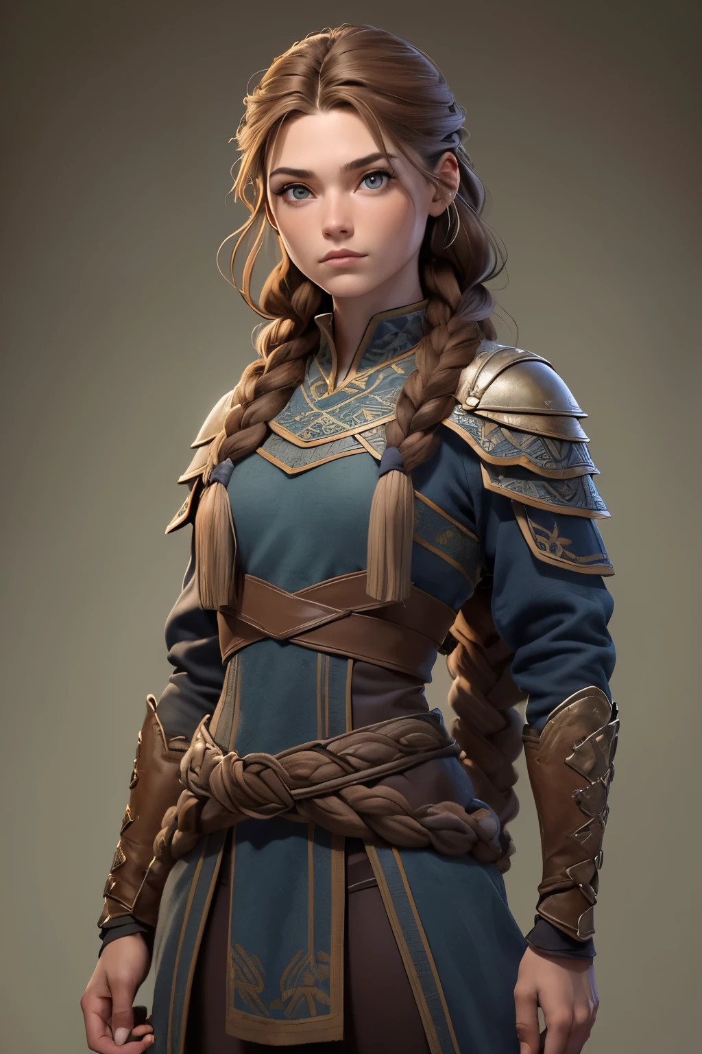 (Obra maestra, La mejor calidad) (young warrior woman of nordic descent), (ojos verdes), (Muscular), (falda de piel), (brown hair color),(loose hair with small braids on the scalp), (top con correa de cuero) plumas, capa sobre el hombro, bufas, (azul, gray and brown suit).