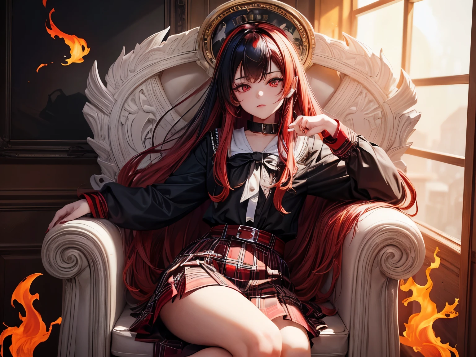 NSFW((Masterpiece)), (((Best Quality))), ((Extremely detailed)), ([(A highly detailed photo of a girl sitting on a throne made of bones in a fiery infernal background.)]), ((A gorgeous and extremely detailed image of a girl with long black hair that has red tips, red eyes, and wearing a school uniform with a black and white plaid skirt and a white blouse.)])

The girl's long black hair with vibrant red tips shone under the fiery infernal background. Her fiery red eyes gazed intently at the viewer, and her uniform, consisting of a white blouse with a collar and a black and white plaid skirt, added to her enchanting