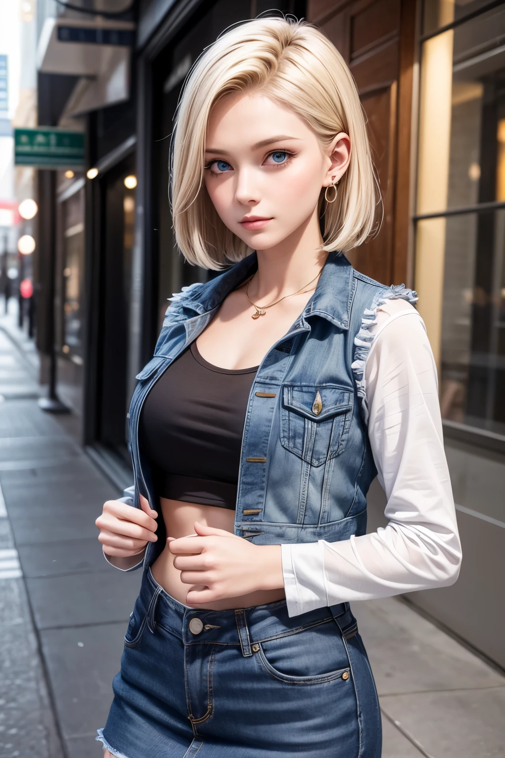 Best Quality, hight resolution, and18, 1girl in, Android 18, Solo, Blonde hair, Blue eyes, Short hair, earrings, Jewelry, Denim Vest, open vest, Black pantyhose, Black shirt, jean skirt, Striped long sleeves, Blue skirt, medium breasts, Cowboy Shot, Street, (Externally expanded Chest: 1.2)