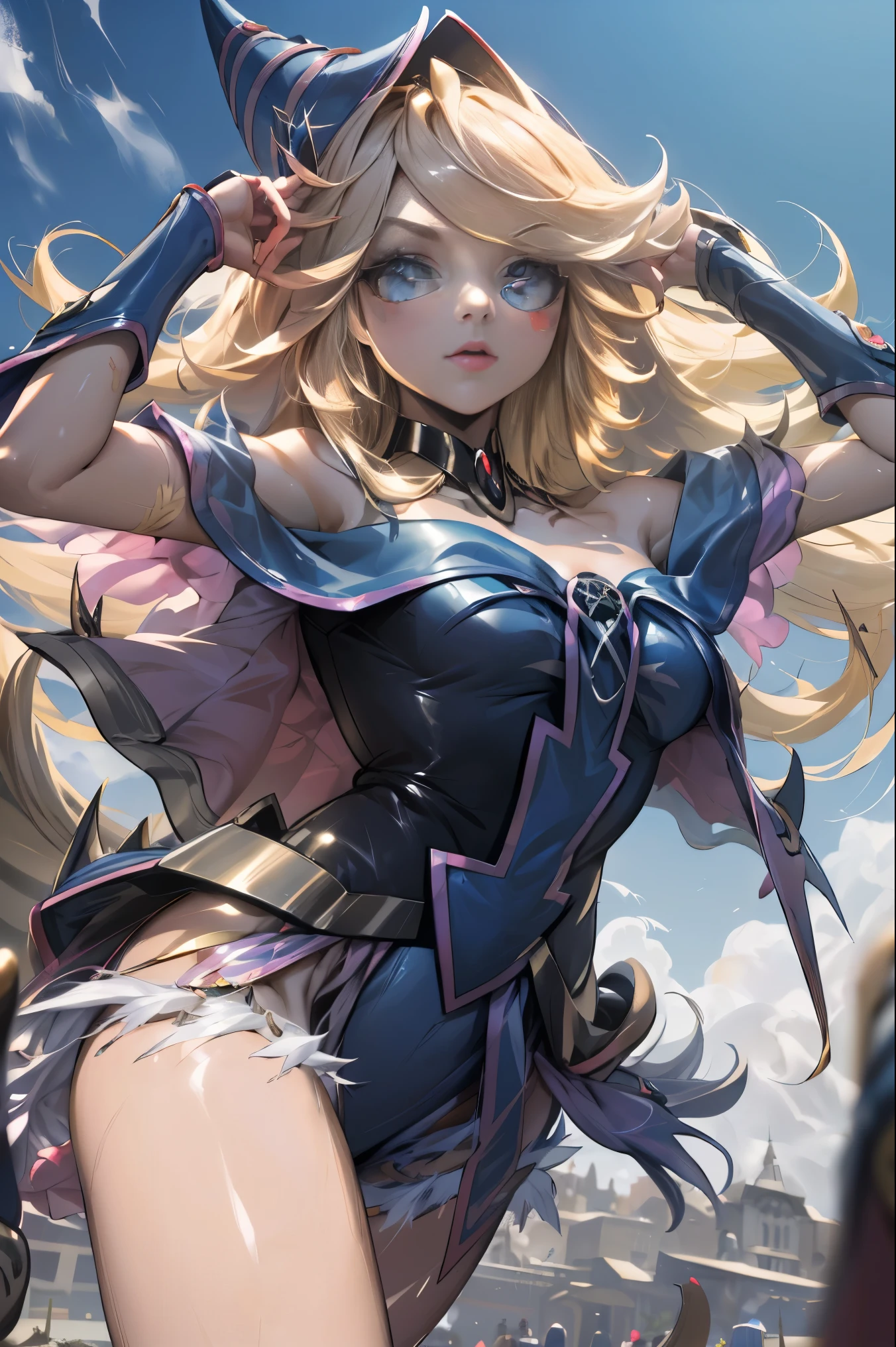 solo, (exposed white underwear, torn clothes:1.2), nipples, tottering, (sobbing:1.2), screaming, Yu-Gi-Oh!,dark magician girl,big breasts,leotard,whole body,thigh,cute Face, energy beam, blonde hair, from side, rolling eyes, headback, look another