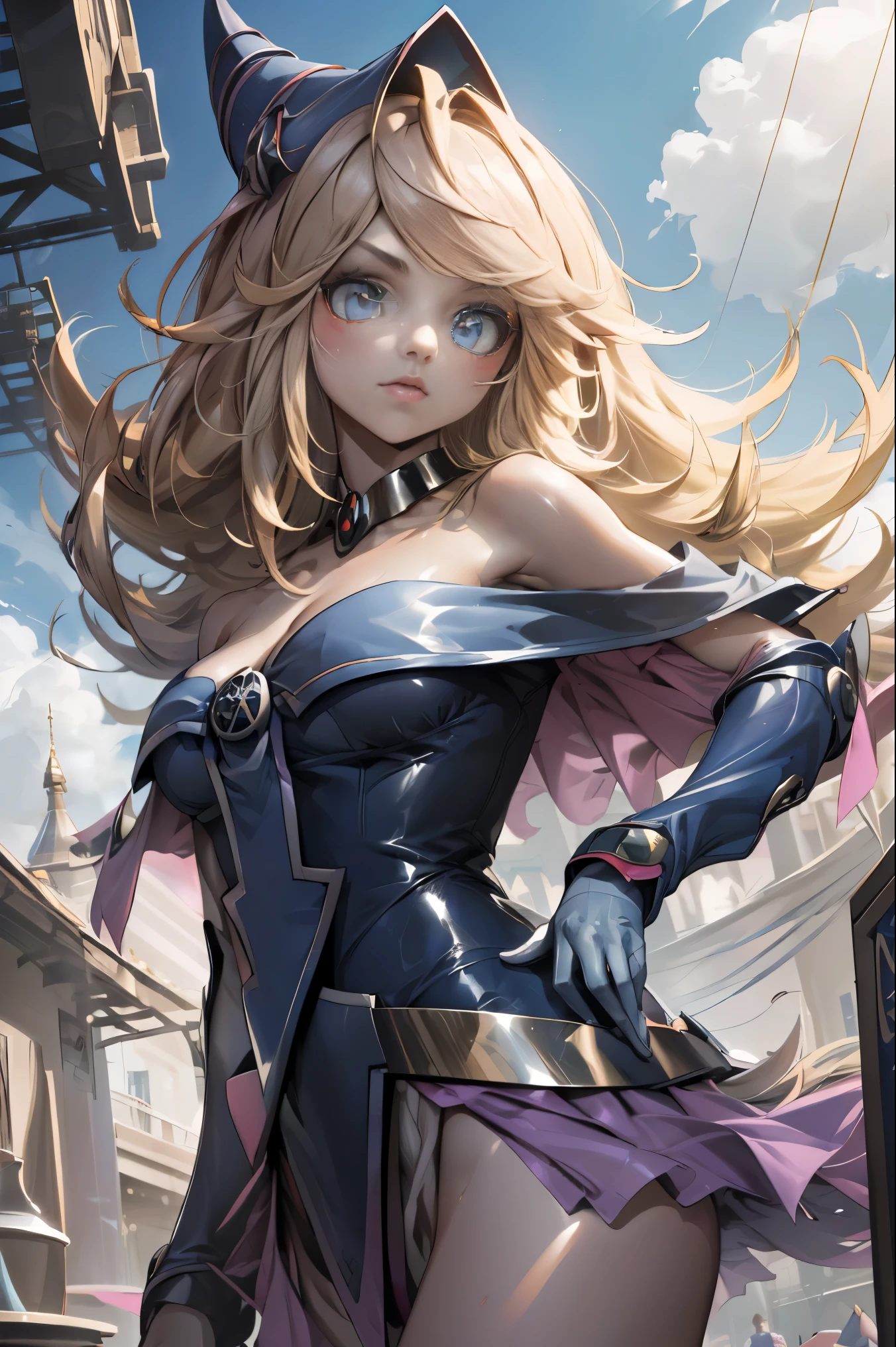 darkmagiciangirl, Maga Oscura, pelo rubio, gargantilla, (ojos verdes:1.5), pelo largo,
ROMPER bare shoulders, calzado azul, rubor, rubor stickers, escote, clavicle, Monstruo de duelo, tiene, fuera del hombro, pentacle, wizard tiene, (ropa azul:1.5),
ROMPER looking at viewer,
ROMPER outdoors, ciudad,
ROMPER (obra maestra:1.2), Mejor calidad, high resolution, fondo de pantalla de unidad 8k, (illustration:0.8), (hermosos ojos detallados:1.6), cara extremadamente detallada, perfect lighting, CG extremadamente detallado, (manos perfectas, perfect anatomy),