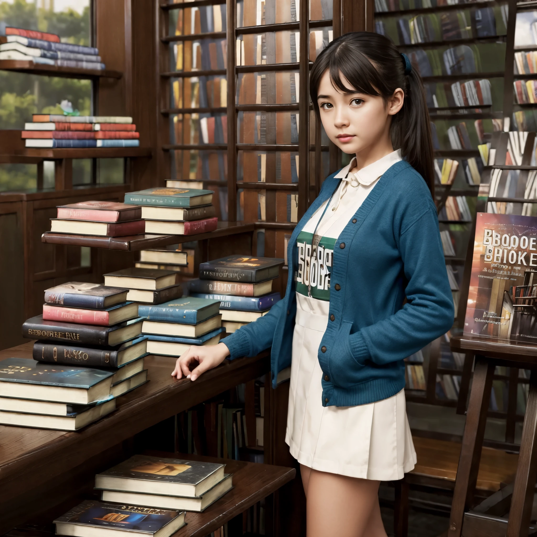 Random scene, (Bookstore Girl:1.6), hyper realistic, 8k, vibrant colors, sharp image