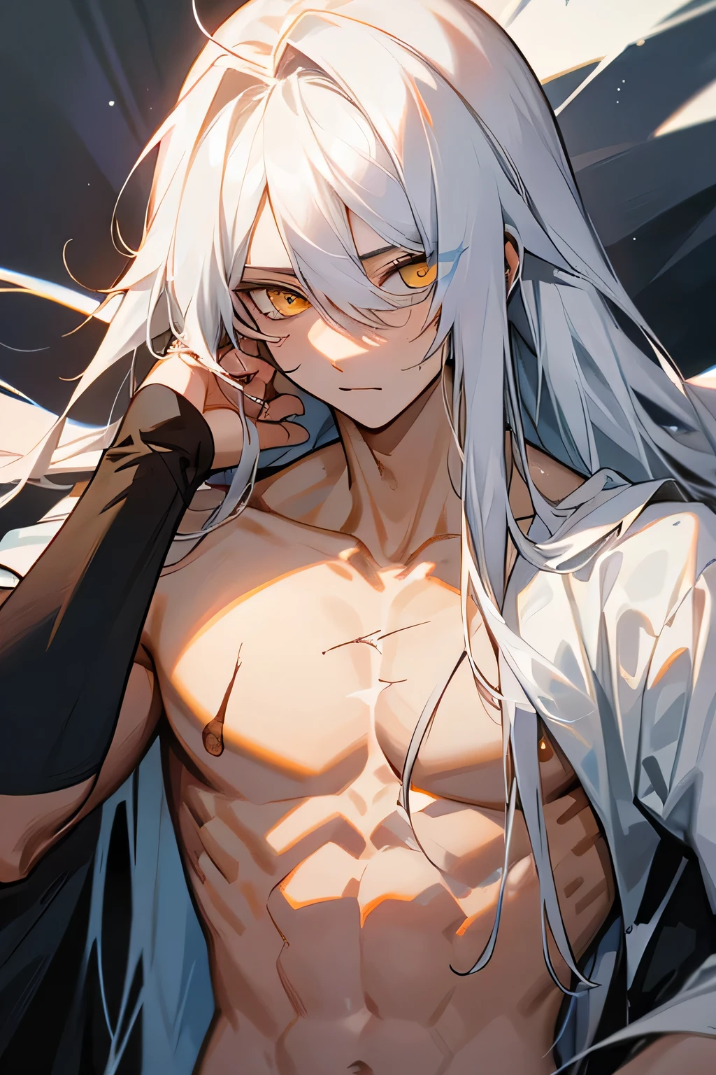 1 chico, blanco_largo_cabello, Sin_camisa, izquierda_ojo_cicatriz, amarillo_ojos