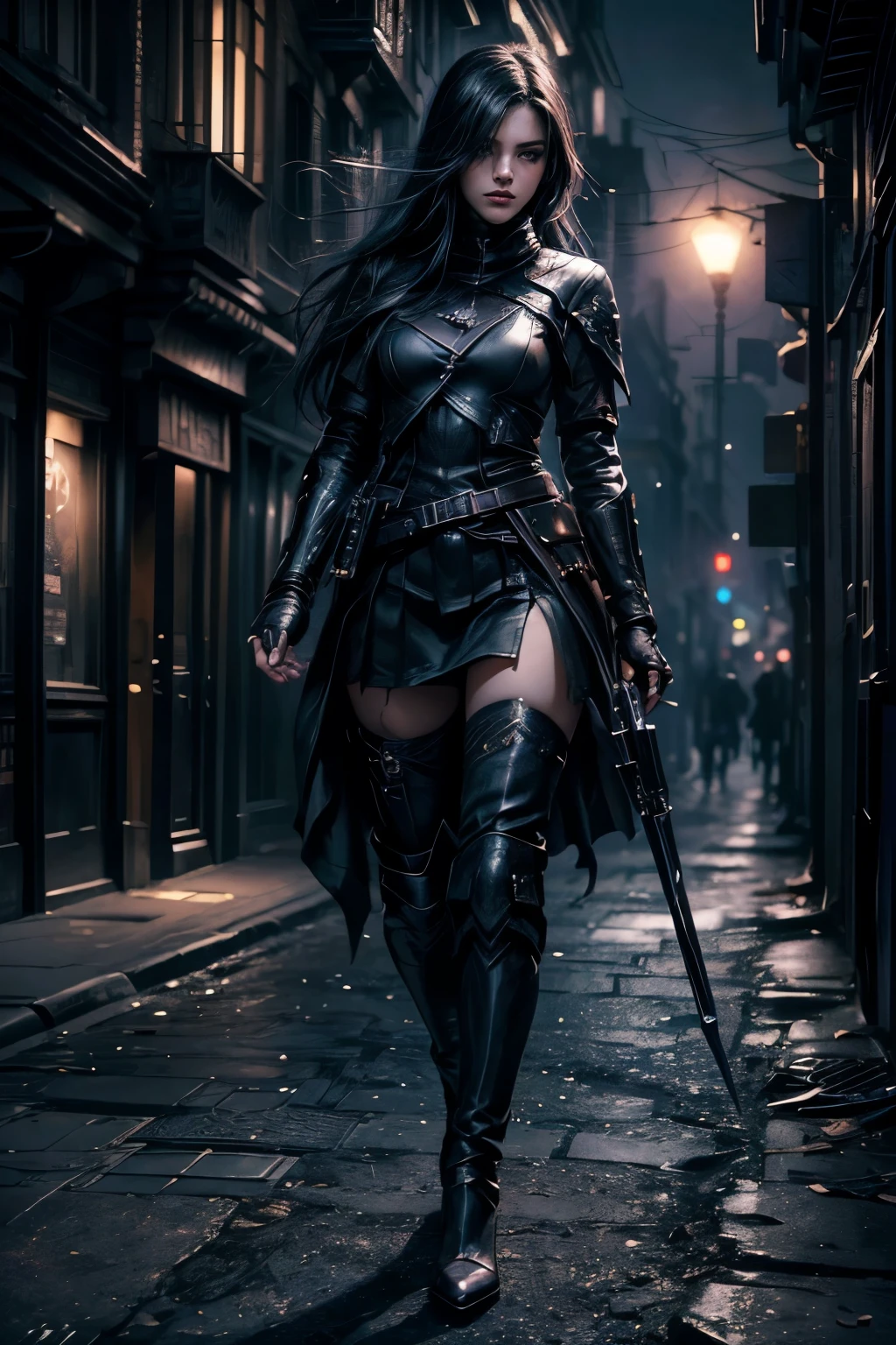 (fallen assassin girl beautiful woman:1.1,detailed eyes,detailed face,full body:1.1,space background is dark old street),(best quality:1.2,ultra-detailed:1.1,realistic:1.37),urban decay style,shadows,hidden identity,sharp focus,vibrant colors,moonlight