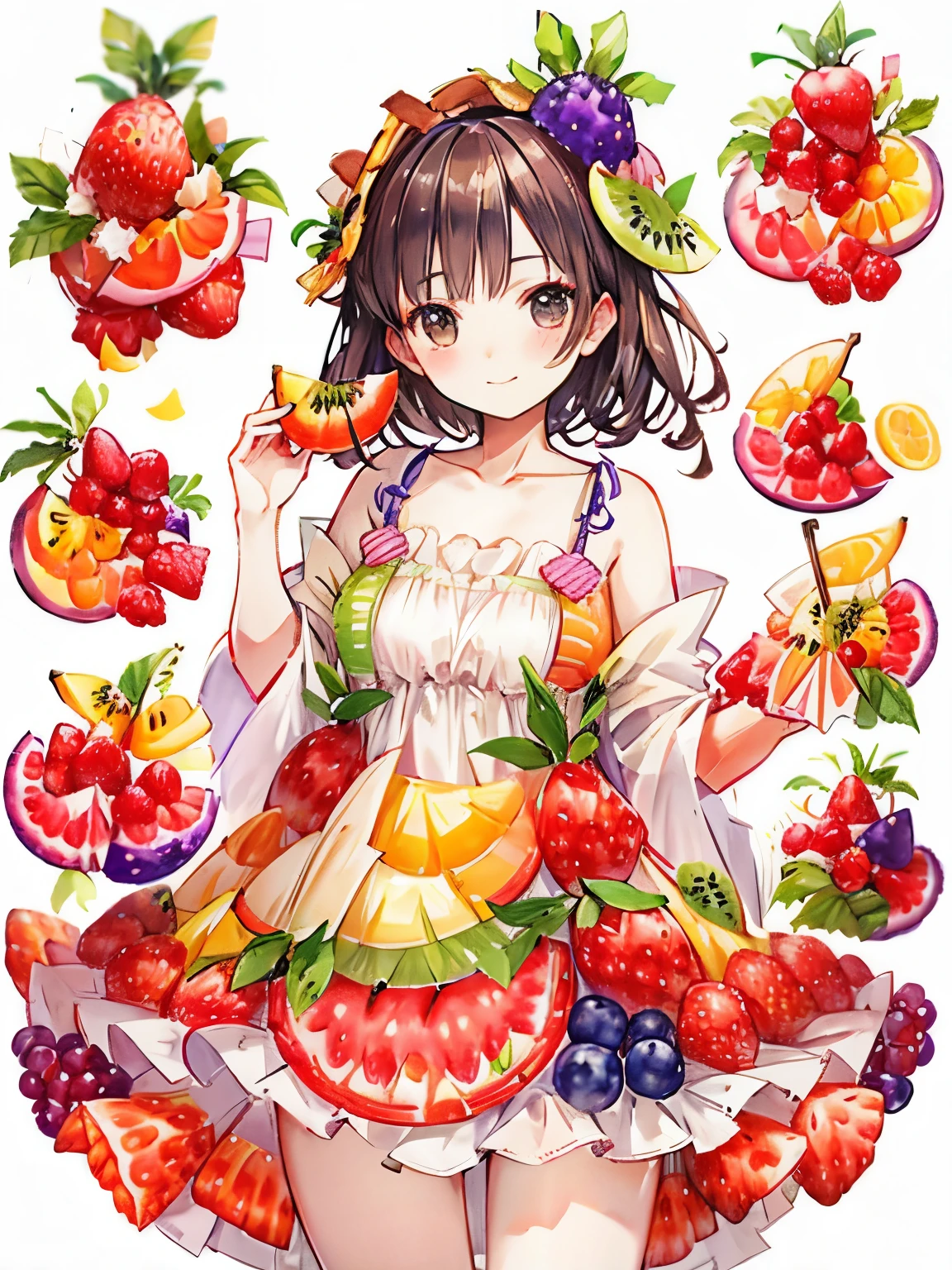 Pose wearing a cute loose-fitting costume,((fruit collage:1.4)),close up of face