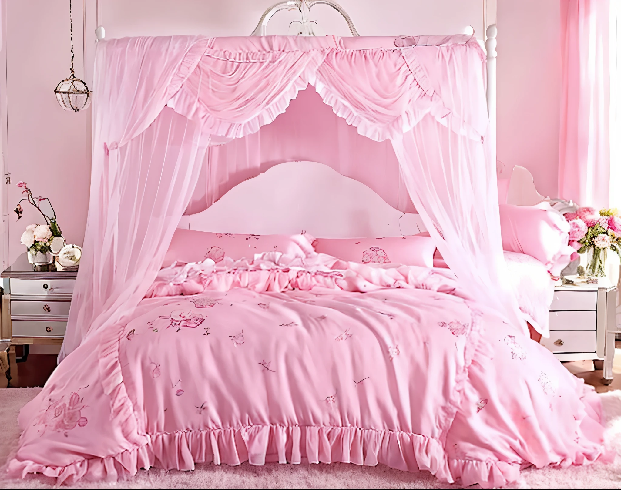 ,highest quality, masterpiece, highest resolution, artwork, super それにget used to it, many get used to it, get used to it, それにget used to it, 3K realistic photos,,((inside the palace)),,,(( )),,((inside the palace bedroom)),In a luxurious silk satin canopy bed,Four-poster king size bed with canopy,luxury bed frame in rococo style,ベッドの両側には豪華なpastel pinkのフリルカーテンが付いています。,ベッドの上にたくさん積み重ねて置かれたpastel pinkのフリルとレースの枕,super detailed background,detailed bed,romantic atmosphere,,ソフトなpastel pinkのフリルとレースの付いたシルクサテン掛け布団,ソフトなpastel pinkのシルクサテンのフリル付き枕,detailed futon,pastel pink,pastel pinkのベッド,Duvet covers and pillowcases with detailed heart patterns,