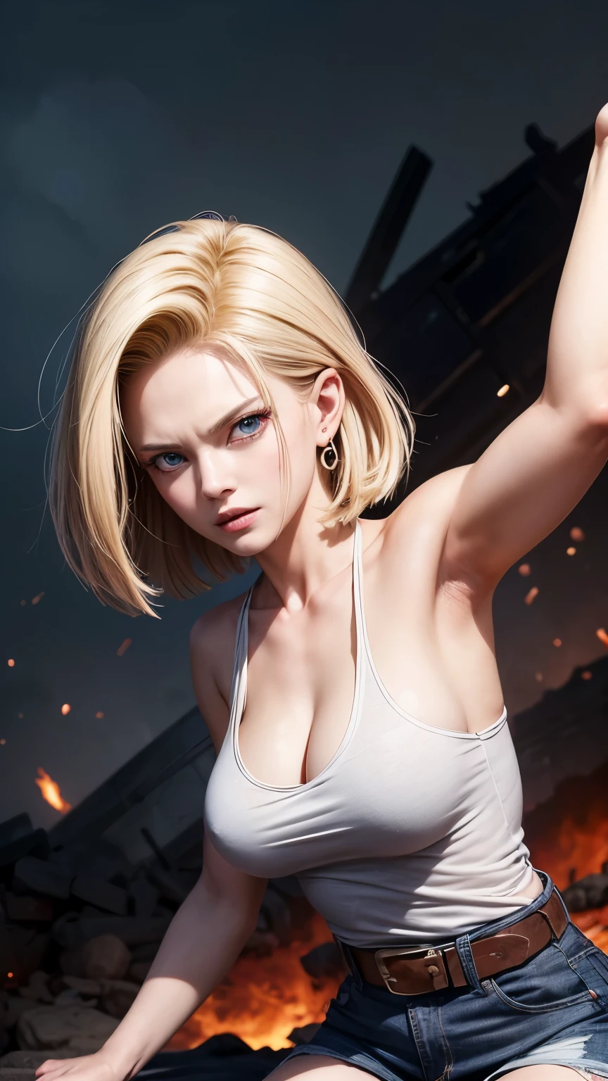 masterpiece, best quality, aya brea, looking at viewer, large breasts, upper body, portrait, seductive smile, put your hands behind your head, armpits, armpits visible, sweaty armpits, wearing black tanktop