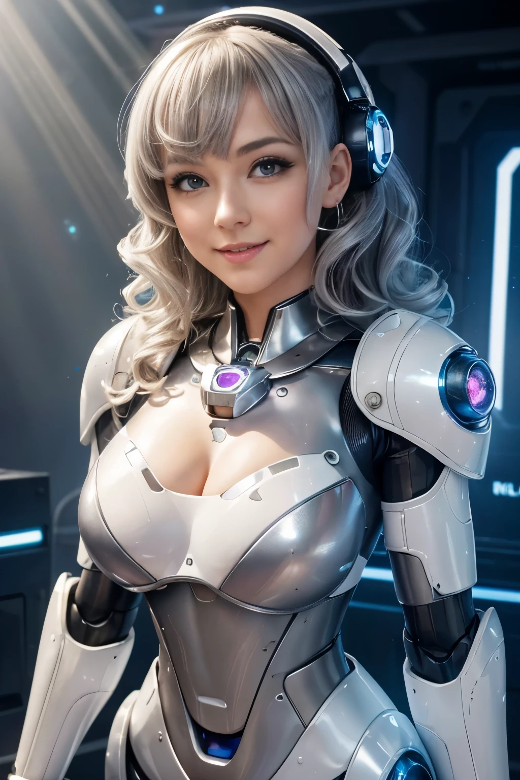 (highest quality, High resolution, masterpiece:1.2), Super detailed, realistic:1.37,(perfect anatomy),1 girl, upper body portrait,robot modification factory,many monitor screens, Cute and completely beautiful American idol woman,,(Modified into a very cute robot:1.1),laughter,(Rays of light are coming out of the eyes:1.3),beautiful eyes,beautiful skin, detailed facial features, complicated hair, detailed costume, beautiful lips,A very cute and futuristic milky white robot suit,　metal necklace,, seductive makeup,,silver curly hair，Moe pose、laughter, 　cyber lab