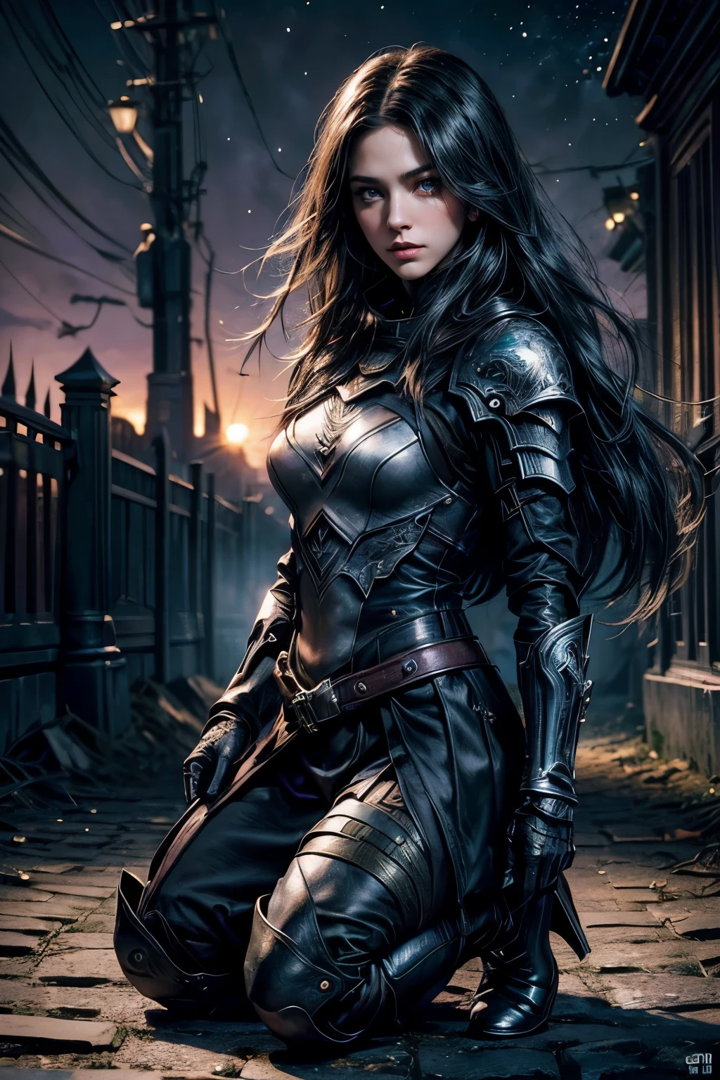 (fallen assassin girl beautiful woman:1.1,detailed eyes,detailed face,full body:1.1,space background is dark old street),dressed in old armor, animal around, (best quality:1.2,ultra-detailed:1.1,realistic:1.37),urban decay style,shadows,hidden identity,sharp focus,vibrant colors,moonlight