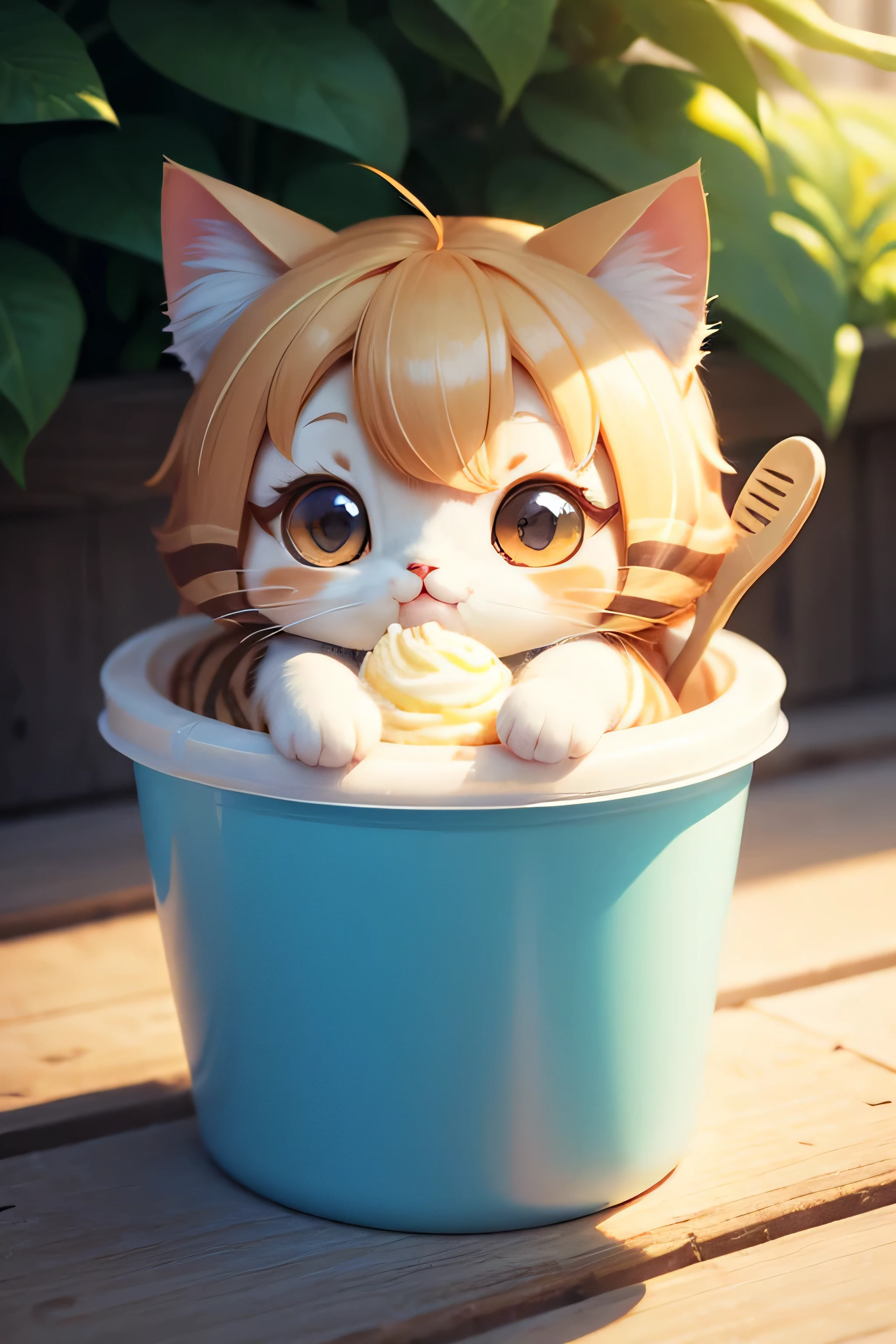chibi cat, eating ice cream, sunny, light rays