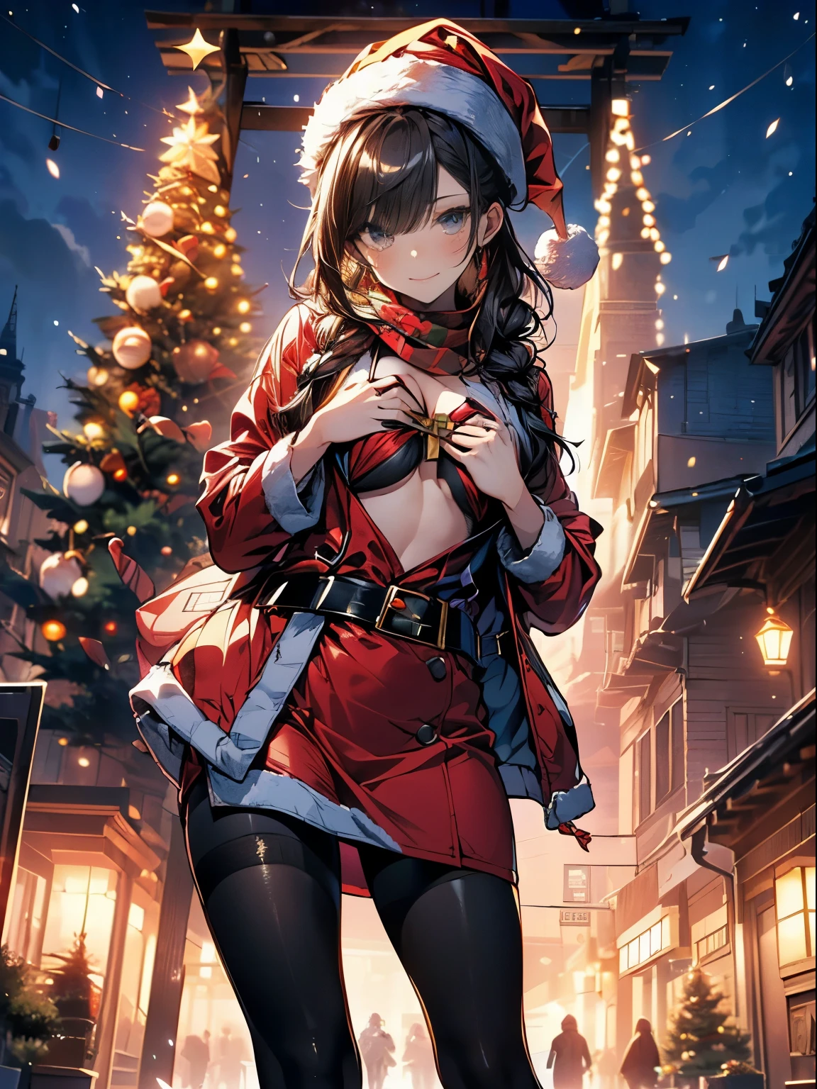(image bulletin board:1.3), ((Santa Girl:1.3)), Mature woman with long black hair and red outfit, red winter coat with boa, scarf, tight long boots, red and green winter clothing, Holding a present box wrapped with a ribbon, Christmas tree decorated with many ornaments, wearing a red pencil skirt, Arabic, bodiesbian, small details. girls frontline, Beautiful anime illustrations, from girls frontline, by Jan J., amazing, 28 years old, (mature woman:1.3), (alone:1.5), (software:1.25), (saggy breasts, Fuge Breast, big breasts, thin waist, big ass:1.2), Sexy, (Dark Mahogany Medium Shorthair, up style, hair above one eye, asymmetrical hair, curly hair, low braids), (muslim, white Headscarf, hair band, Bandage on the head, turban), (ultra high resolution, 8K RAW photo, photorealistic, thin outline:1.3, clear focus), best quality, cinematic lighting, textile shading, blurred background, Fields with depth, Bokeh, (bright pupils, Fine and beautiful eyes with highlights:1.3, high definition face), red lips, High quality and realistic skin:1.1, looking at the viewer:1.3, (dynamic angle:1.3, Front view:1.1, tight focus:1.3, from below:1.2), (dynamic posing:1.5, Sexyポーズ:1.2, leaning forward), (enchanting smile:1.2), image centered, (Wearing a long red jacket with a boa, ((bare chest:1.37)), gold ornaments, wrap red clothes around your waist, dark red long leather boots:1.3, Translucent lace pantyhose), (((correct anatomy:1.5, perfect anatomy:1.37))), (At night:1.3),
