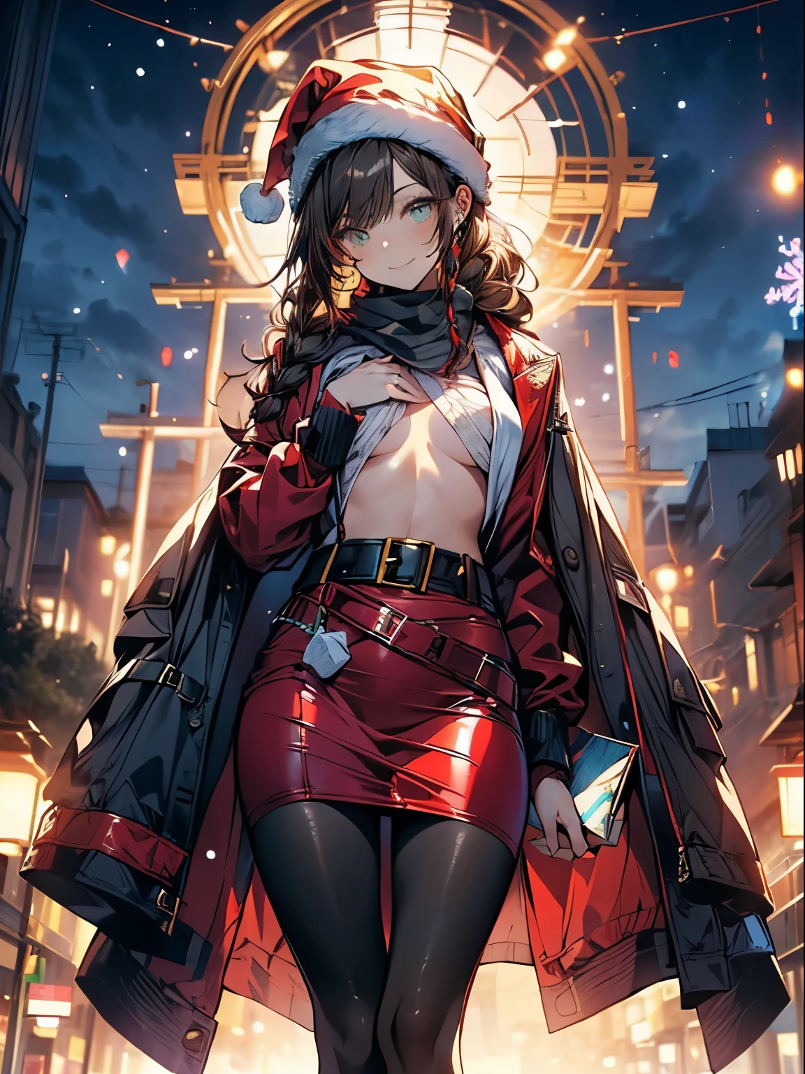 (image bulletin board:1.3), ((Santa Girl:1.3)), Mature woman with long black hair and red outfit, red winter coat with boa, scarf, tight long boots, red and green winter clothing, Holding a present box wrapped with a ribbon, Christmas tree decorated with many ornaments, wearing a red pencil skirt, Arabic, bodiesbian, small details. girls frontline, Beautiful anime illustrations, from girls frontline, by Jan J., amazing, 28 years old, (mature woman:1.3), (alone:1.5), (software:1.25), (saggy breasts, Fuge Breast, big breasts, thin waist, big ass:1.2), Sexy, (Dark Mahogany Medium Shorthair, up style, hair above one eye, asymmetrical hair, curly hair, low braids), (muslim, white Headscarf, hair band, Bandage on the head, turban), (ultra high resolution, 8K RAW photo, photorealistic, thin outline:1.3, clear focus), best quality, cinematic lighting, textile shading, blurred background, Fields with depth, Bokeh, (bright pupils, Fine and beautiful eyes with highlights:1.3, high definition face), red lips, High quality and realistic skin:1.1, looking at the viewer:1.3, (dynamic angle:1.3, Front view:1.1, tight focus:1.3, from below:1.2), (dynamic posing:1.5, Sexyポーズ:1.2, leaning forward), (enchanting smile:1.2), image centered, (Wearing a long red jacket with a boa, ((bare chest:1.37)), gold ornaments, wrap red clothes around your waist, dark red long leather boots:1.3, Translucent lace pantyhose), (((correct anatomy:1.5, perfect anatomy:1.37))), (At night:1.3),