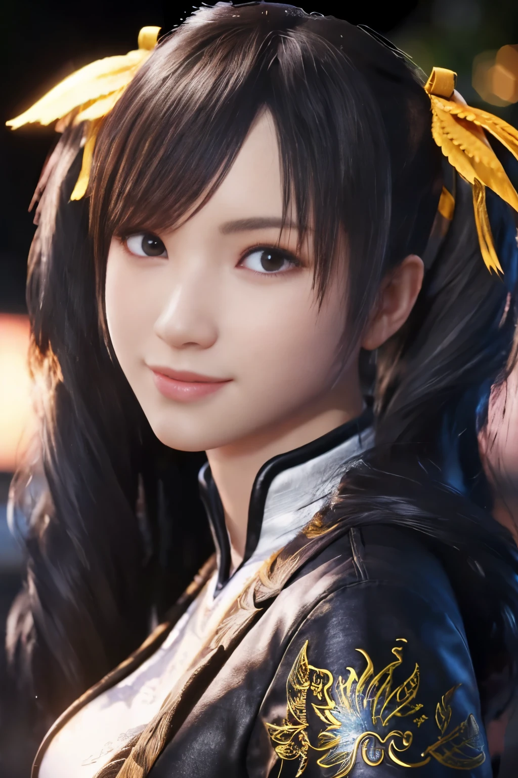 Tekken Xiaoyu,masterpiece、1 kawaii girl、17-year-old high school student、smile,fine eyes、puffy eyes、Bright outdoor,Bright downtown、highest quality, 超High resolution, (reality: 1.4), movie lighting、Japanese、asian beauty、Korean、super beautiful、beautiful skin、body facing forward、whole body,Upper body、(超reality的な)、(High resolution)、(8K)、(very detailed)、(美しくfine eyes)、(Super detailed)、 (wall-)、detailed face、bright lighting、professional lighting、looking at the viewer、look straight ahead、slanted bangs、brown hair、Nogizaka idol、