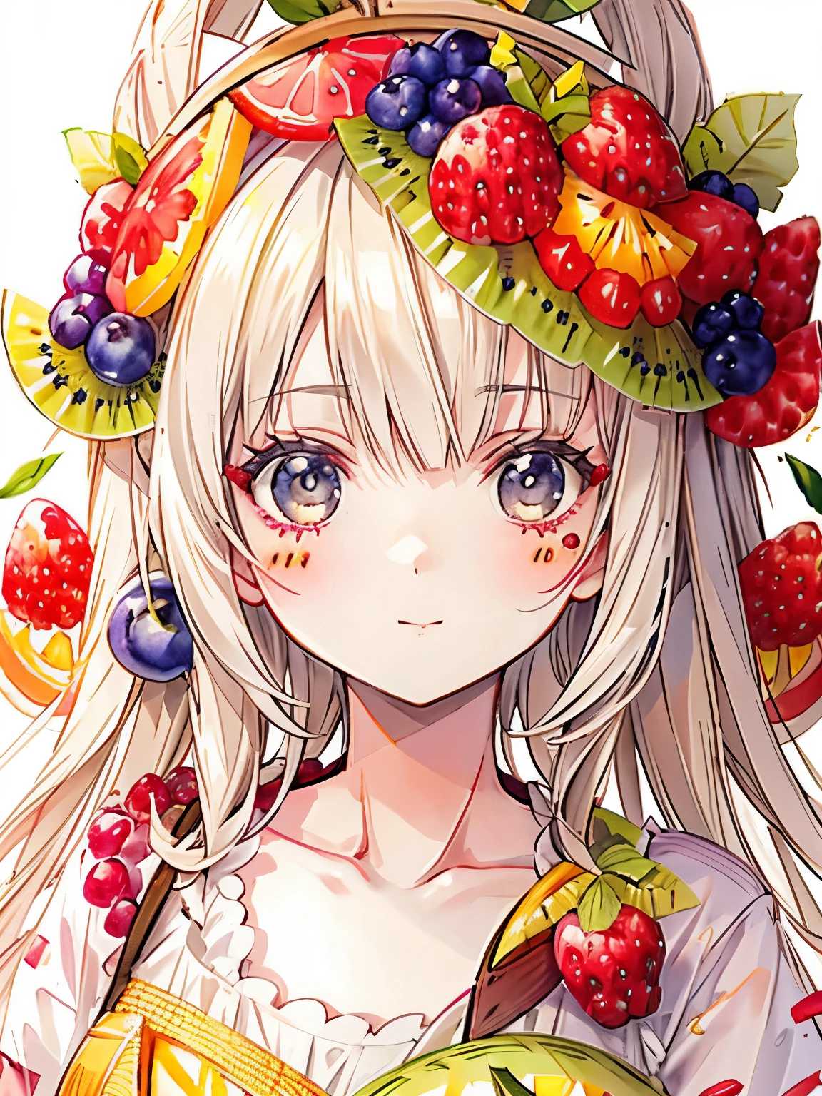 Pose wearing a cute loose-fitting costume,((fruit collage:1.4)),((close up of face:1.2)),