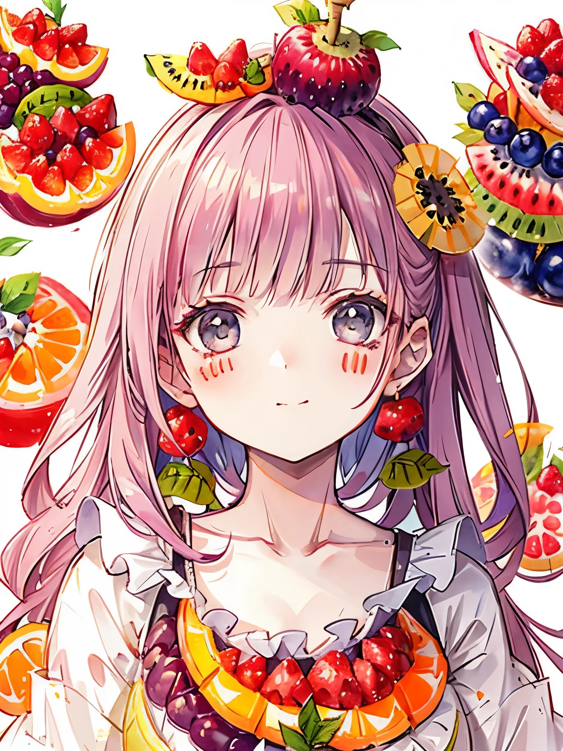 Pose wearing a cute loose-fitting costume,((fruit collage:1.4)),((close up of face:1.2)),